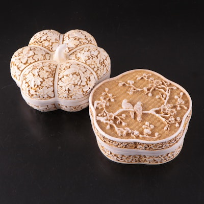 East Asian Cast Resin Lidded Boxes with Floral and Bird Motifs