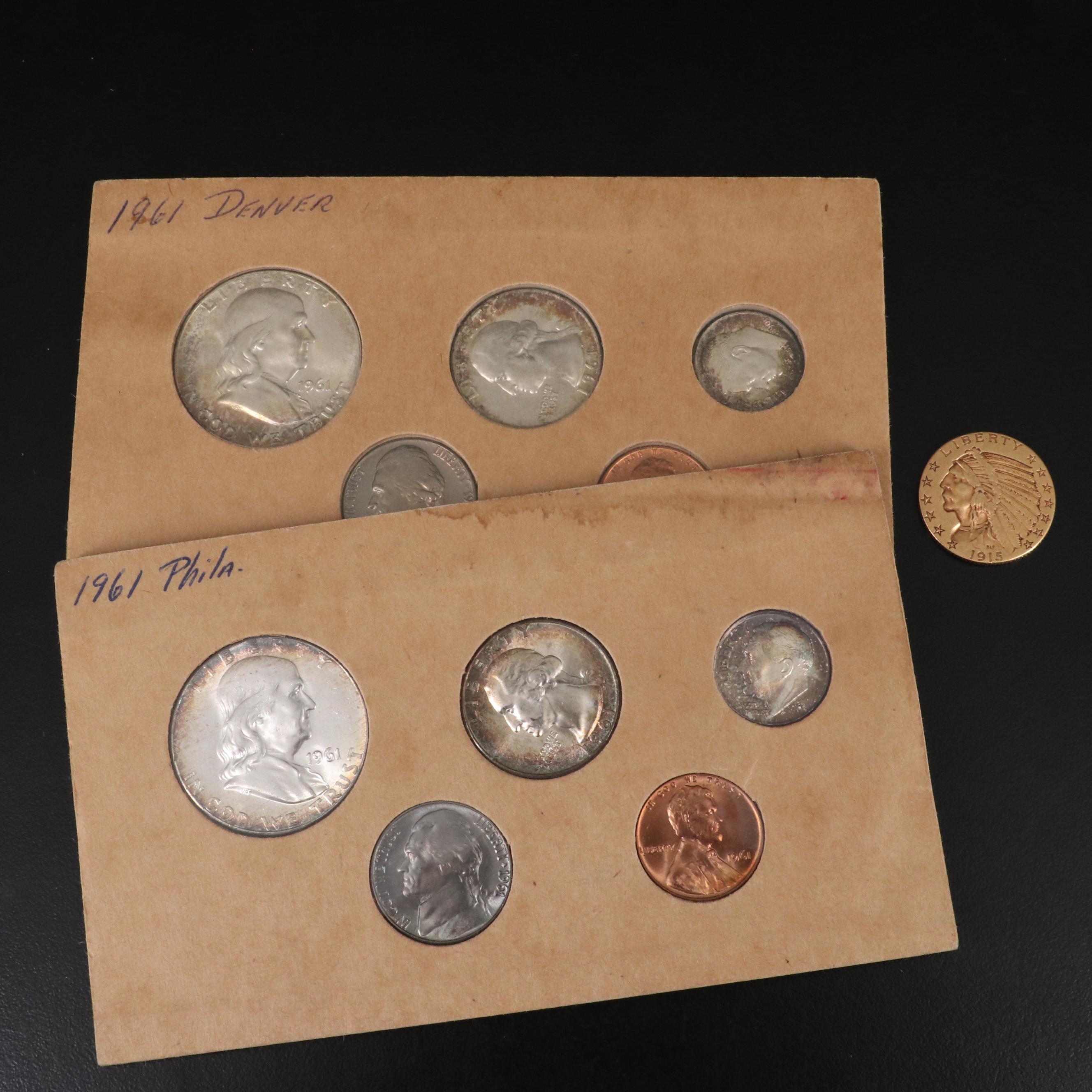 1915 Indian Head $5 Gold Half Eagle and a 1961 Silver Uncirculated Set