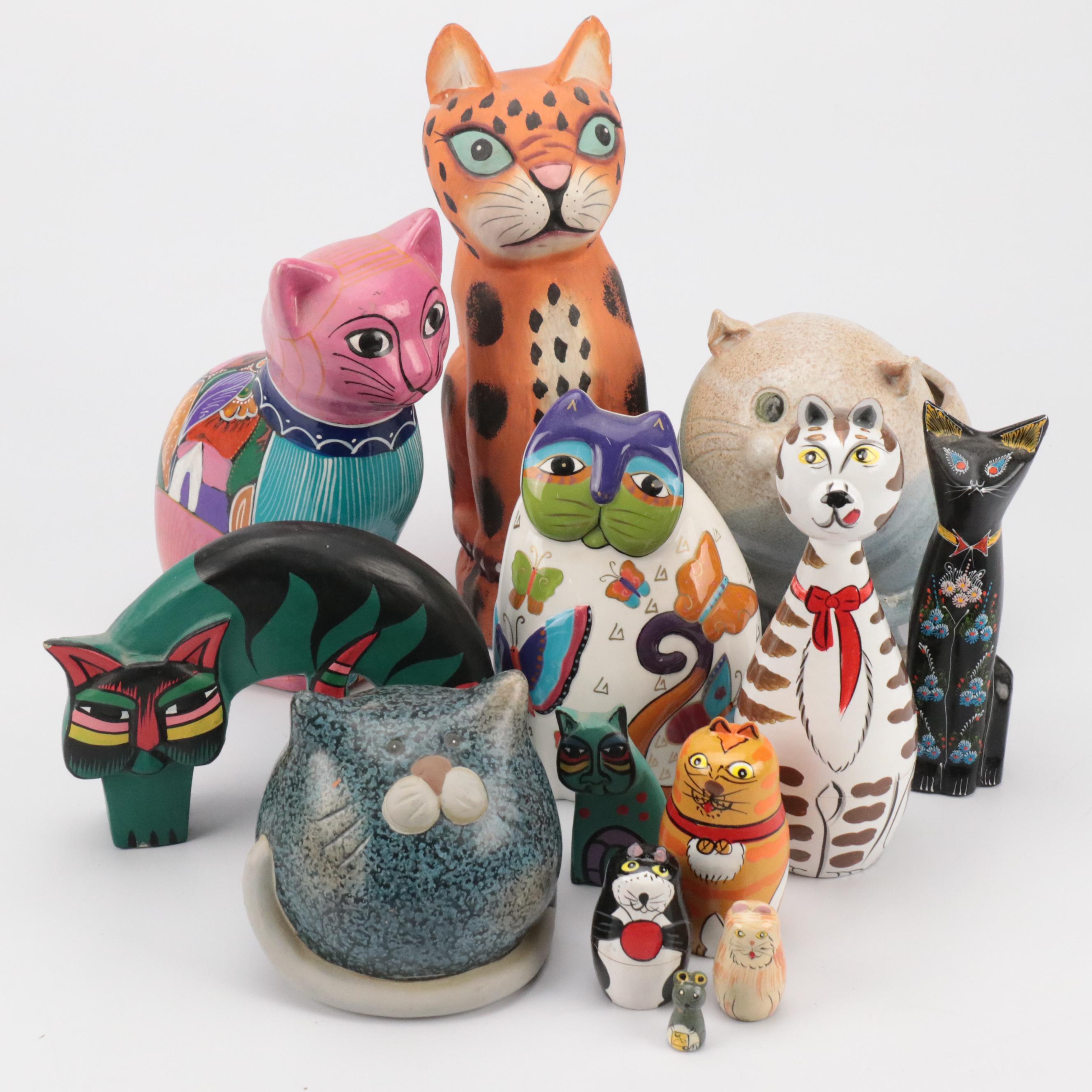 Mexican and Other Folk Art Cat Figurines, Planter and Matryoshka Doll