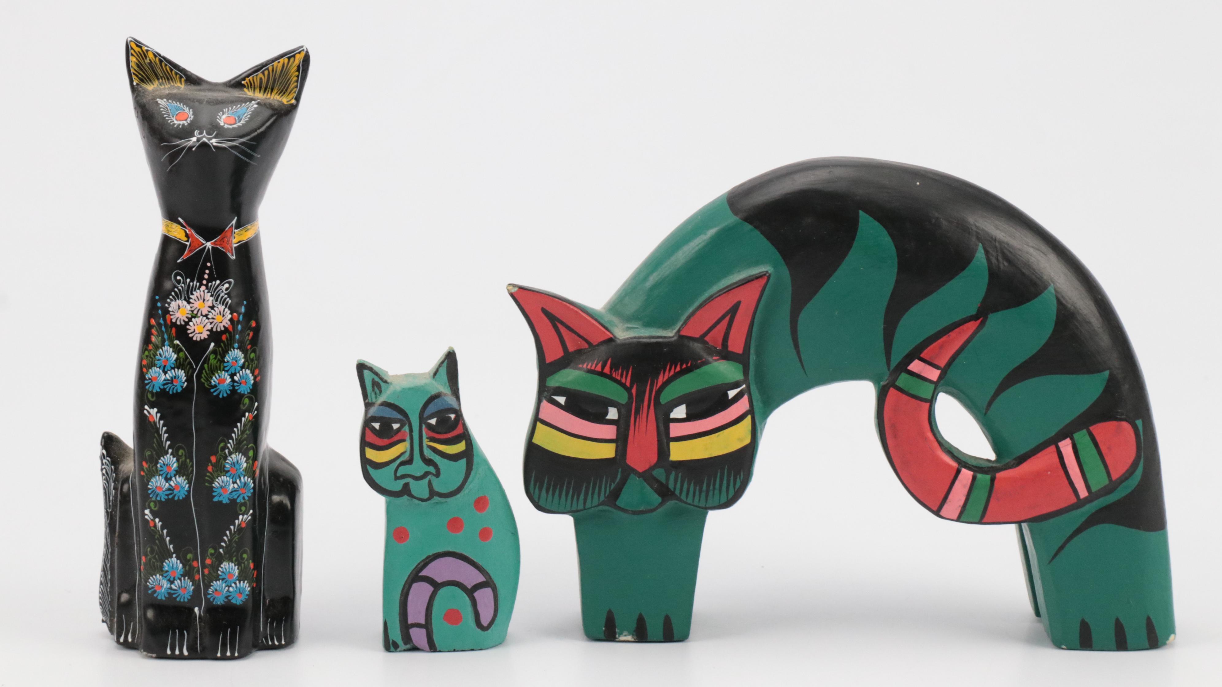 Mexican and Other Folk Art Cat Figurines, Planter and Matryoshka Doll