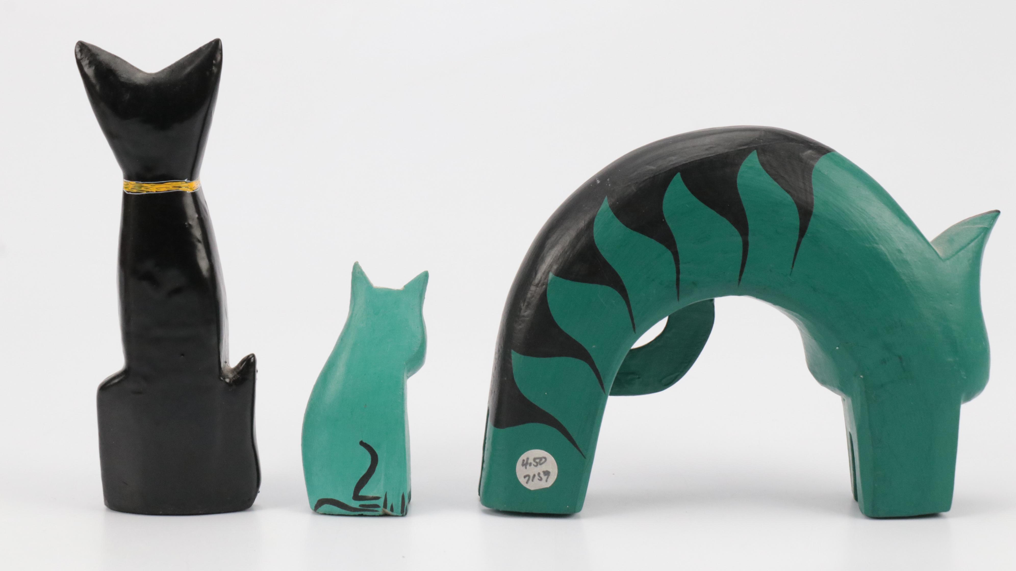 Mexican and Other Folk Art Cat Figurines, Planter and Matryoshka Doll