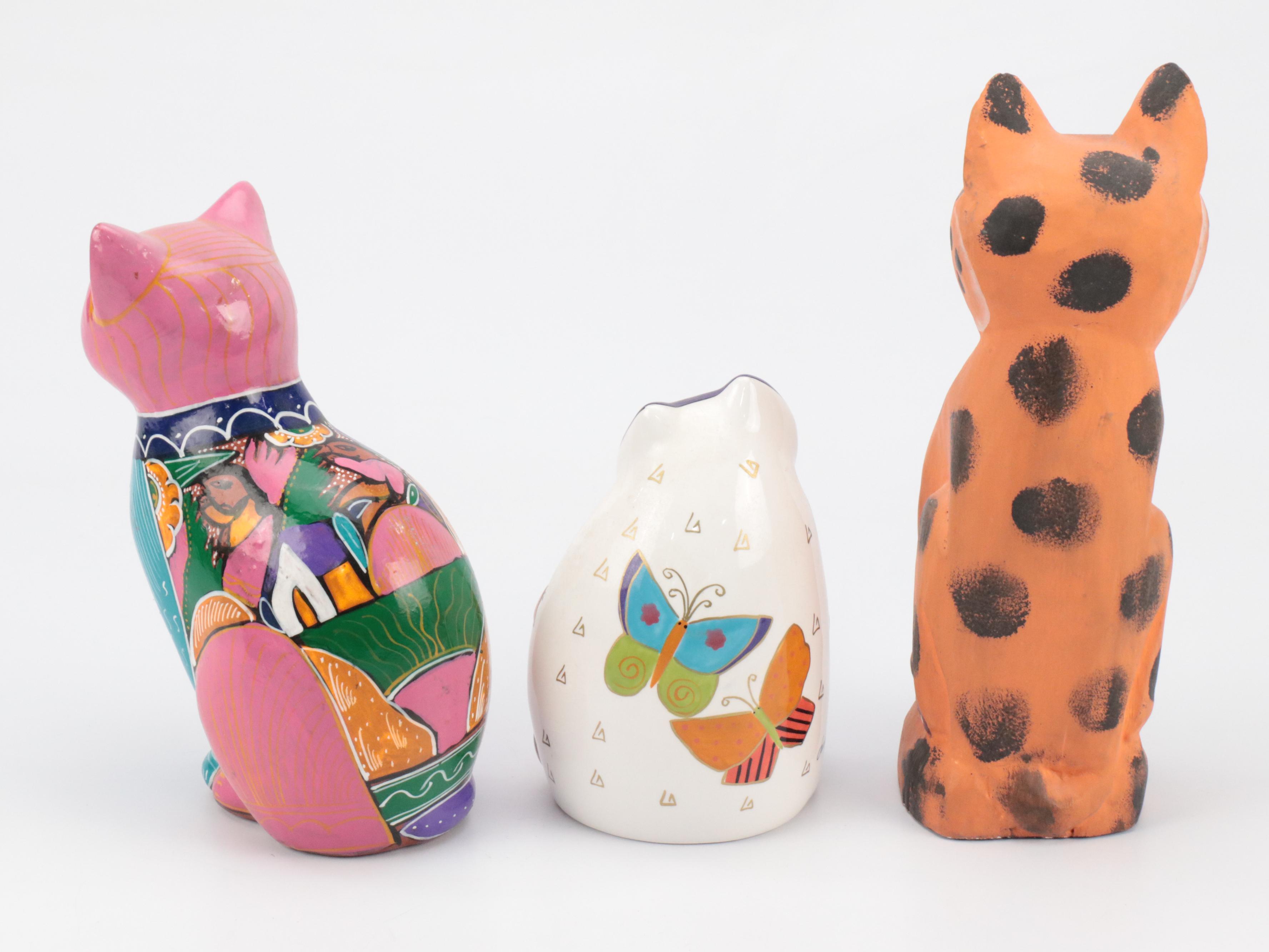 Mexican and Other Folk Art Cat Figurines, Planter and Matryoshka Doll