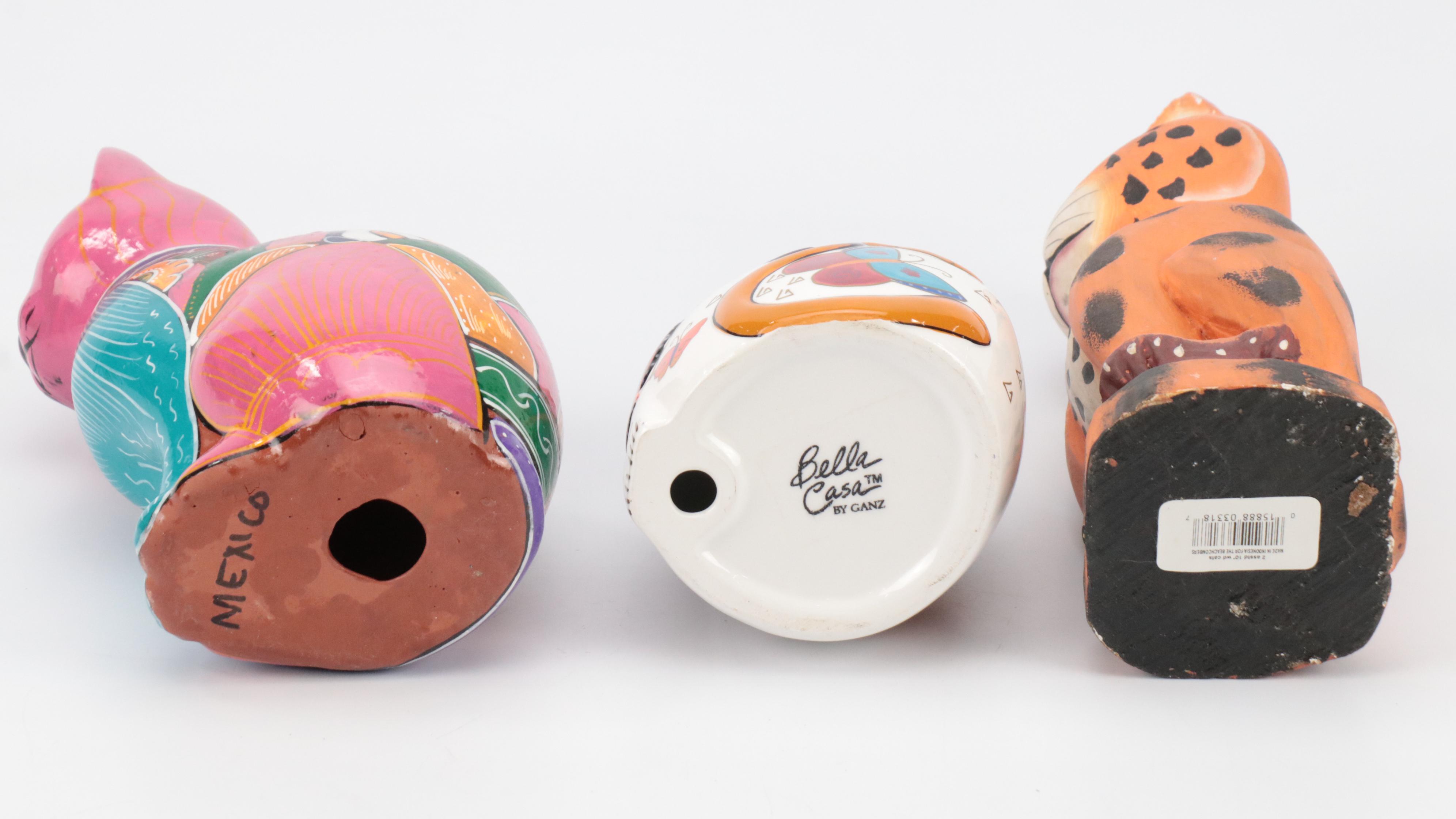 Mexican and Other Folk Art Cat Figurines, Planter and Matryoshka Doll