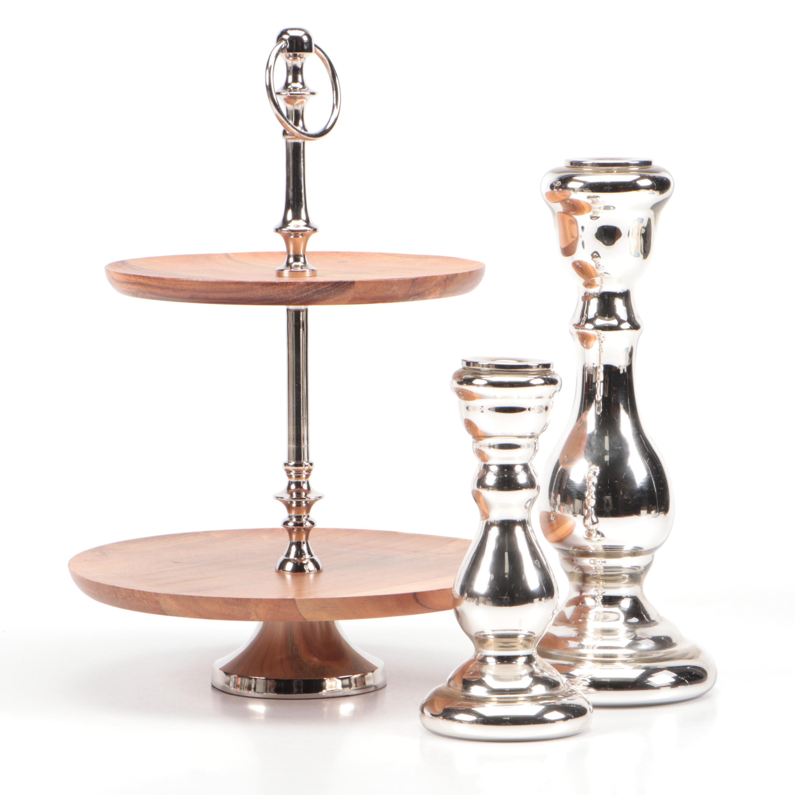Wood and Metal Two-Tier Display Stand with Glass Candlesticks