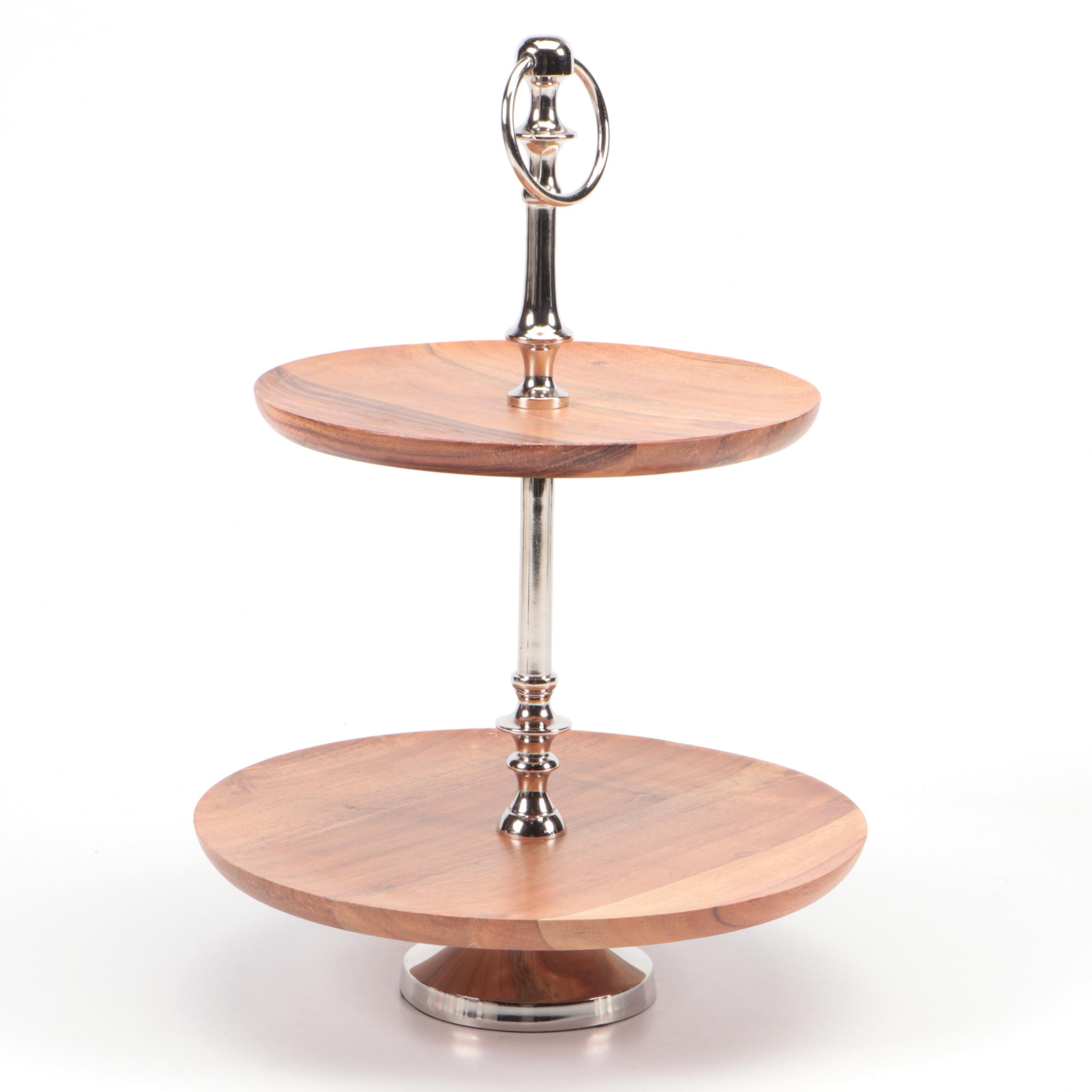 Wood and Metal Two-Tier Display Stand with Glass Candlesticks