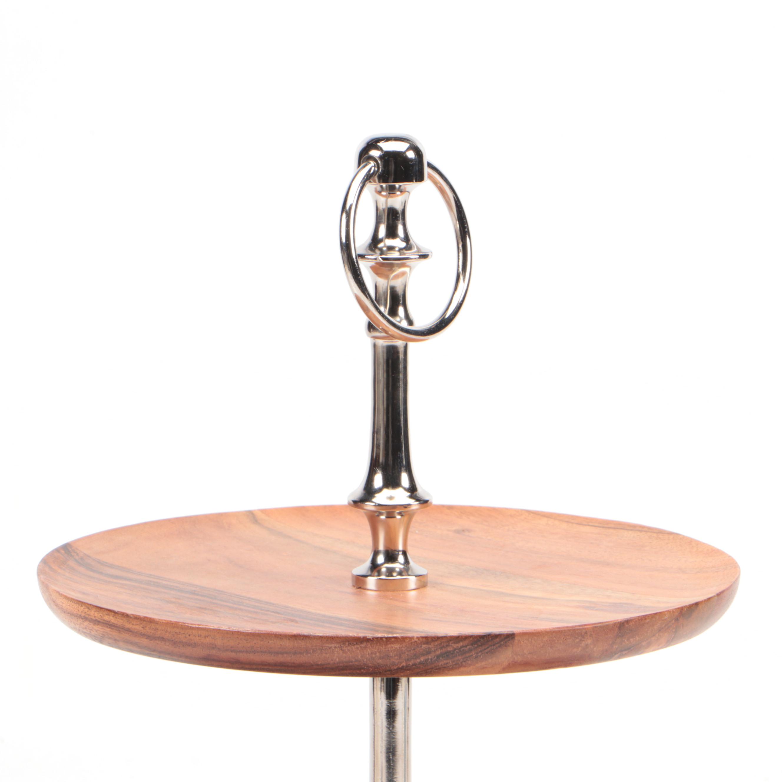 Wood and Metal Two-Tier Display Stand with Glass Candlesticks
