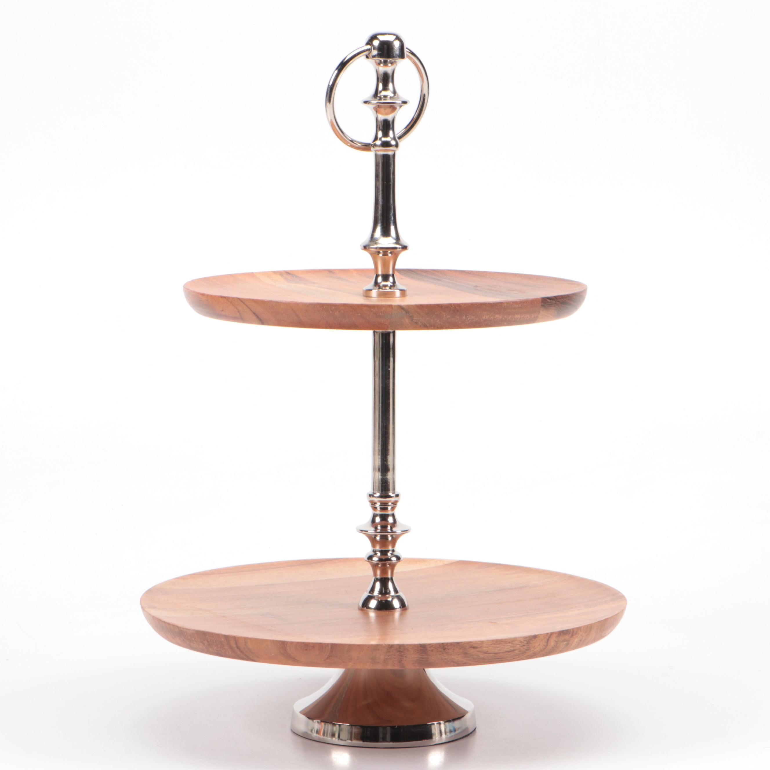 Wood and Metal Two-Tier Display Stand with Glass Candlesticks