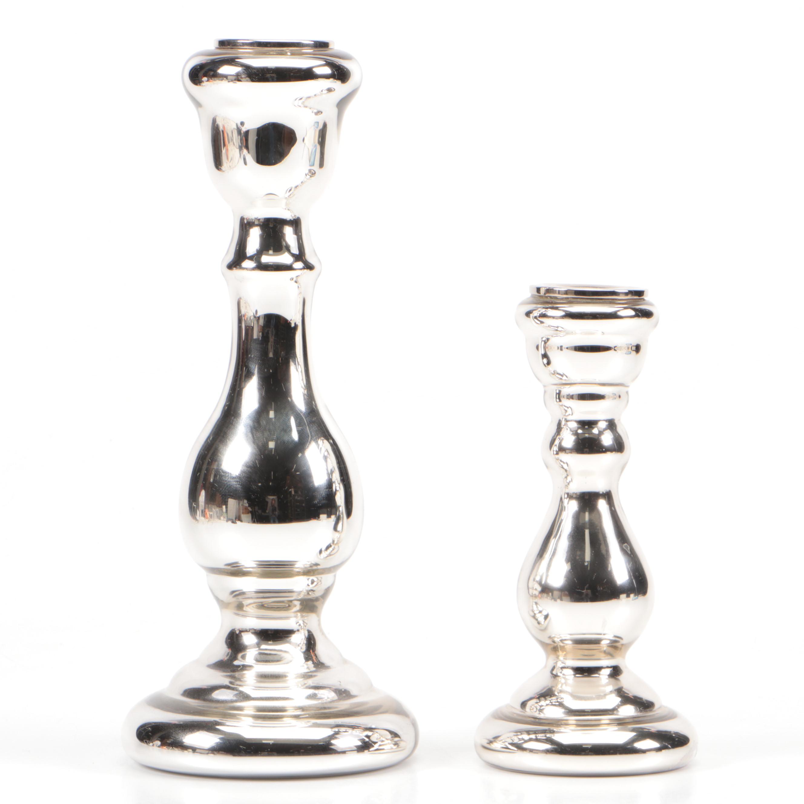 Wood and Metal Two-Tier Display Stand with Glass Candlesticks