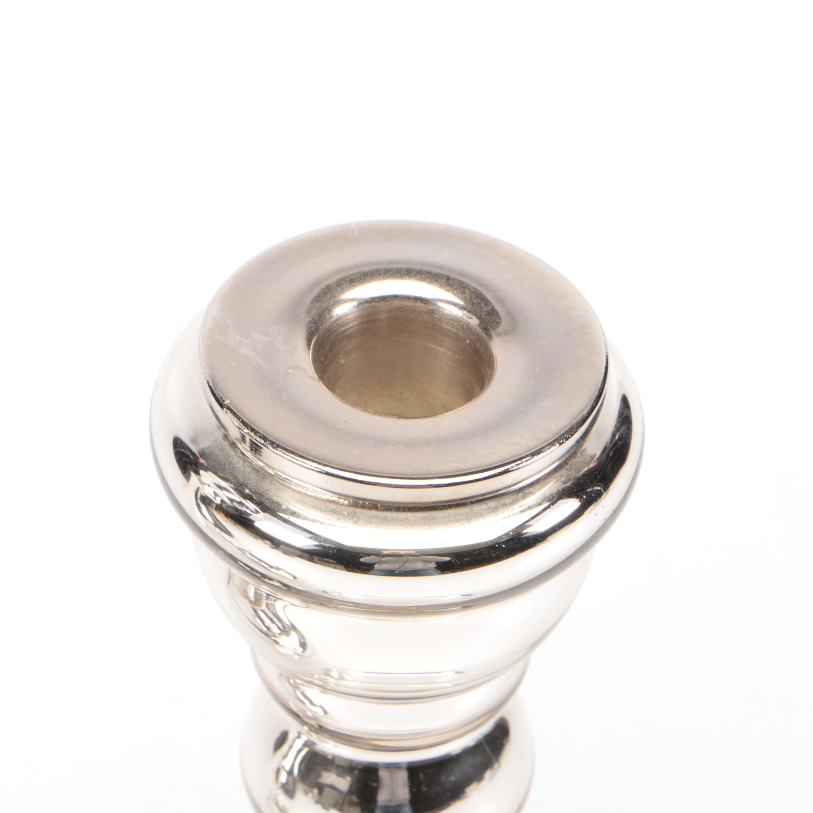 Wood and Metal Two-Tier Display Stand with Glass Candlesticks