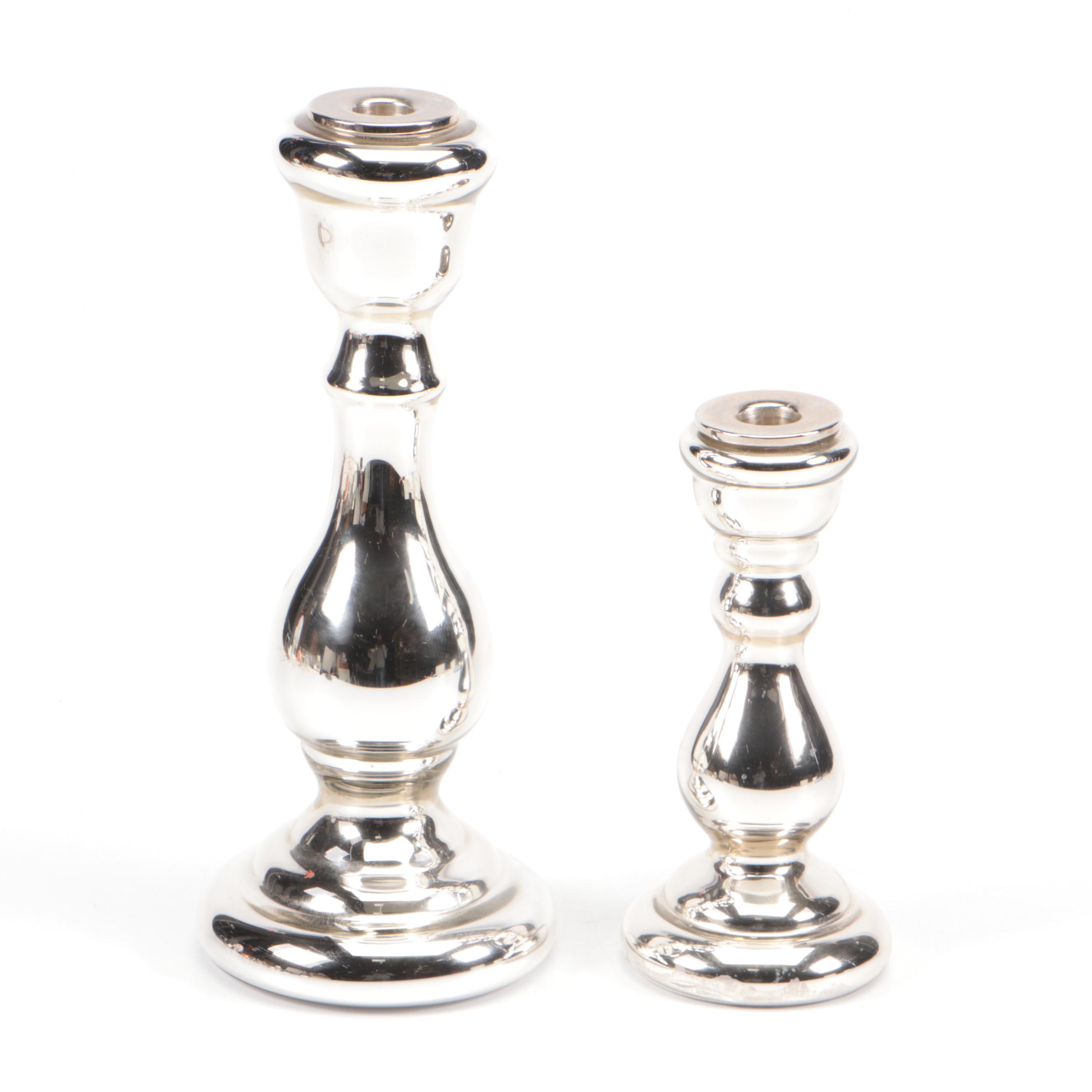 Wood and Metal Two-Tier Display Stand with Glass Candlesticks