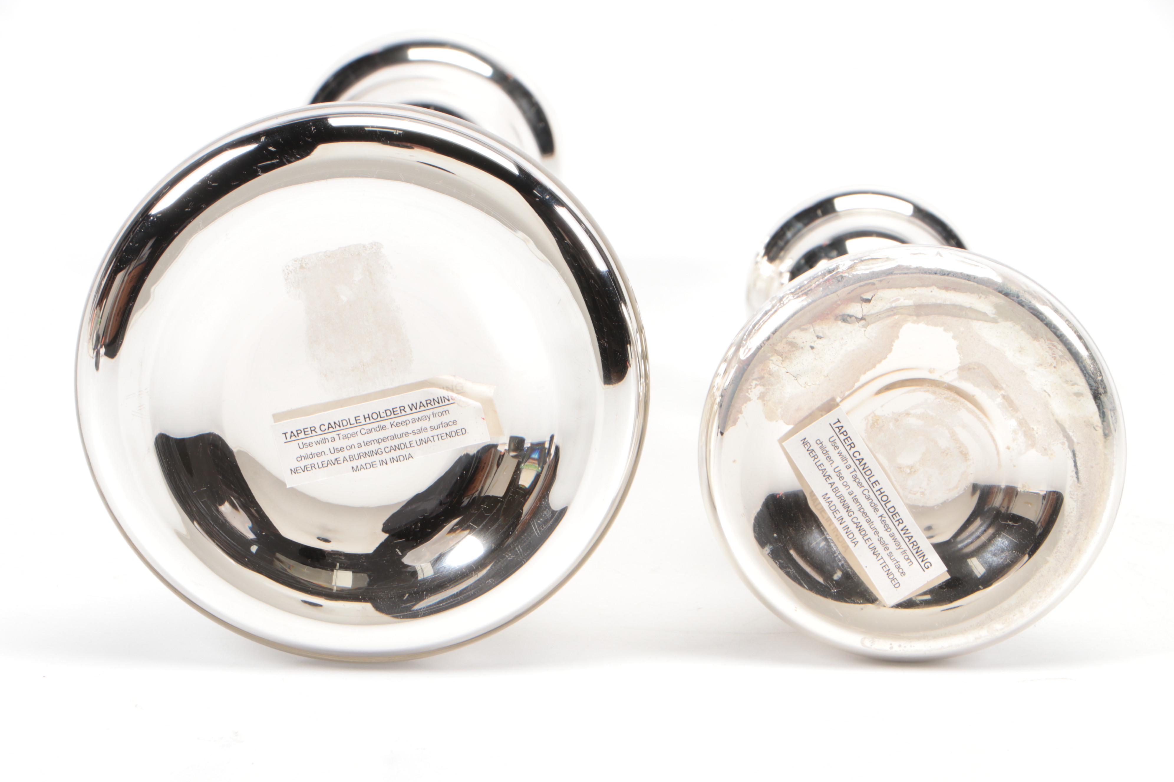 Wood and Metal Two-Tier Display Stand with Glass Candlesticks