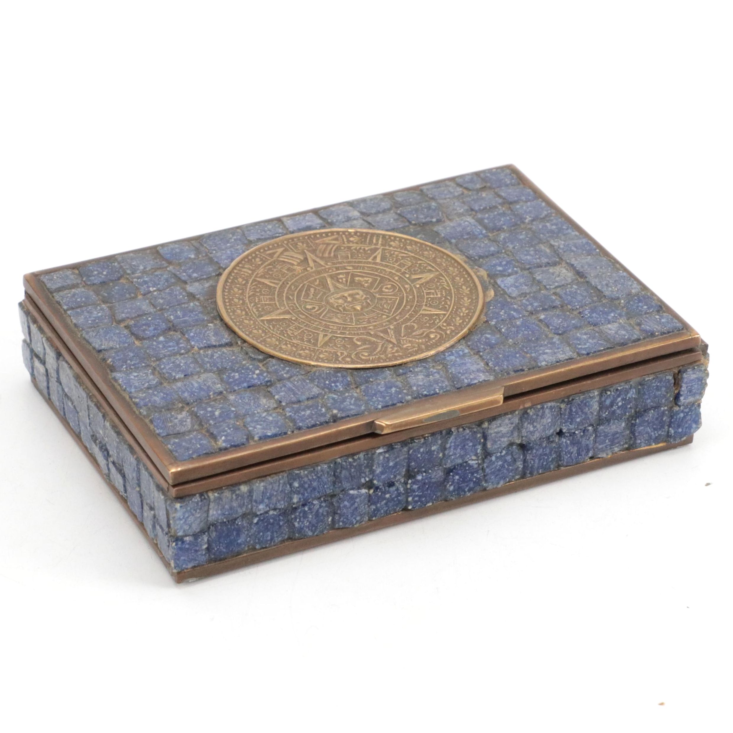 Brass Aztec Calendar Mosaic Stone Inlaid Cedar Lined Box