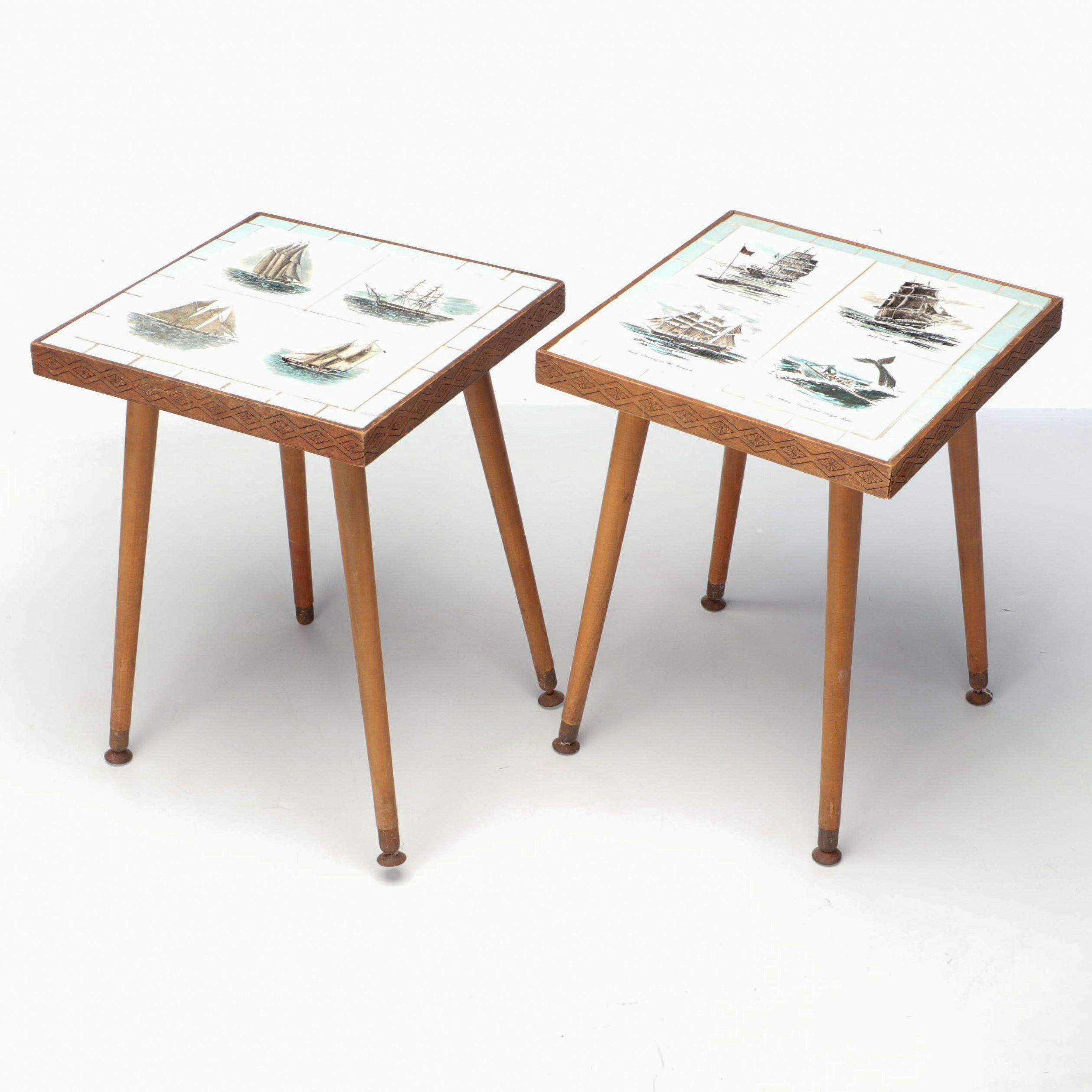 Nautical Theme Mosiac Tile Wood Accent Tables