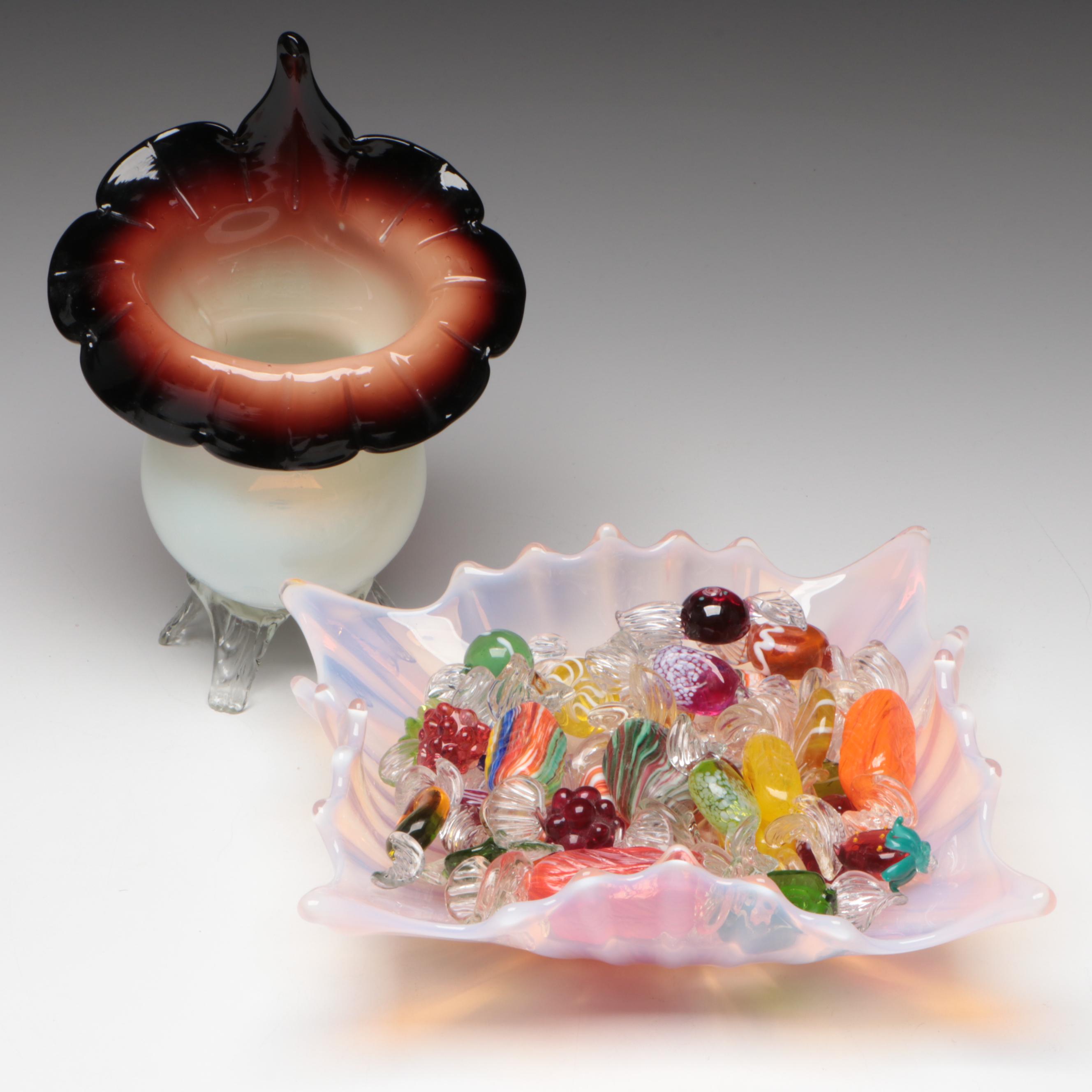 Victorian Style Jack-in-The-Pulpit Vase, Fostoria Glass Bowl, Glass Candies