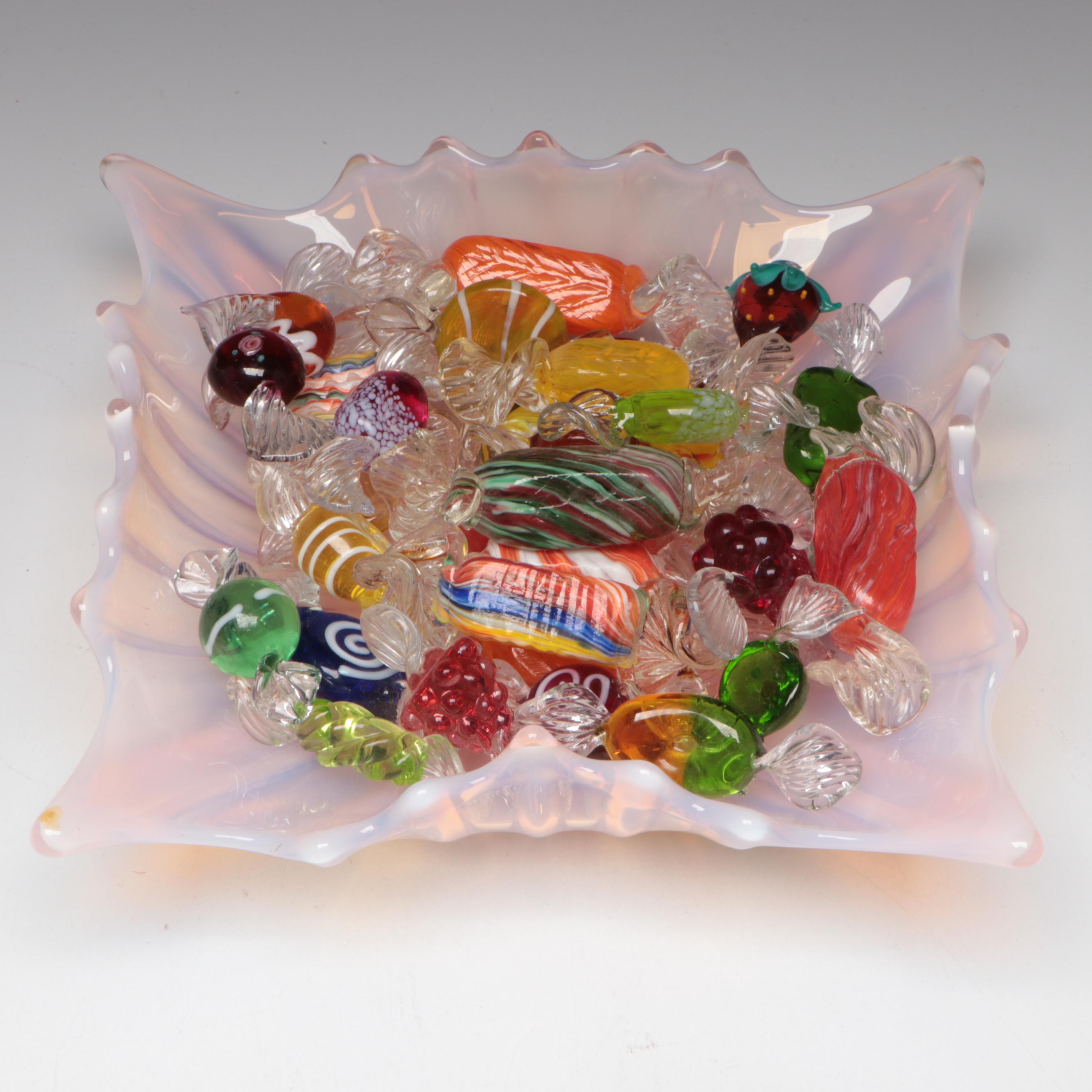 Victorian Style Jack-in-The-Pulpit Vase, Fostoria Glass Bowl, Glass Candies