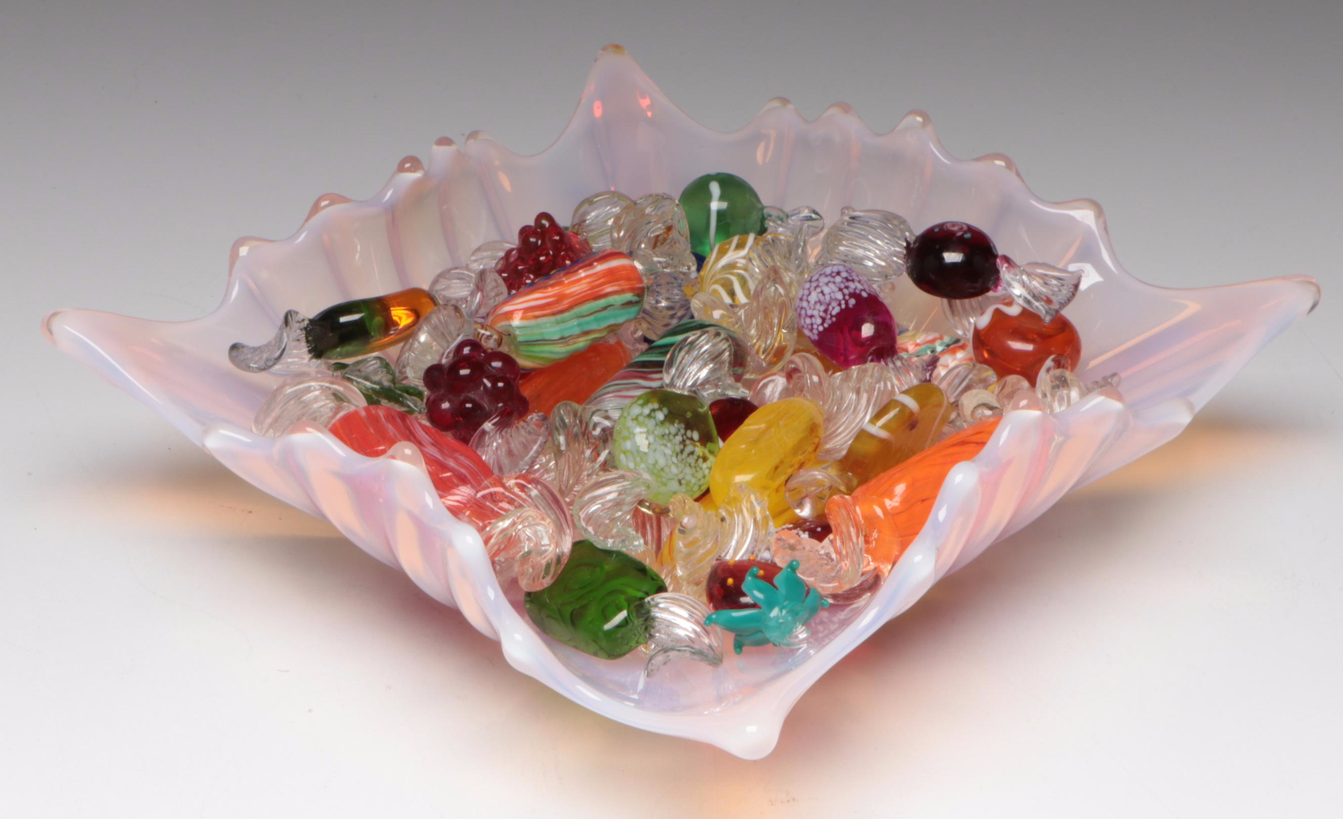 Victorian Style Jack-in-The-Pulpit Vase, Fostoria Glass Bowl, Glass Candies