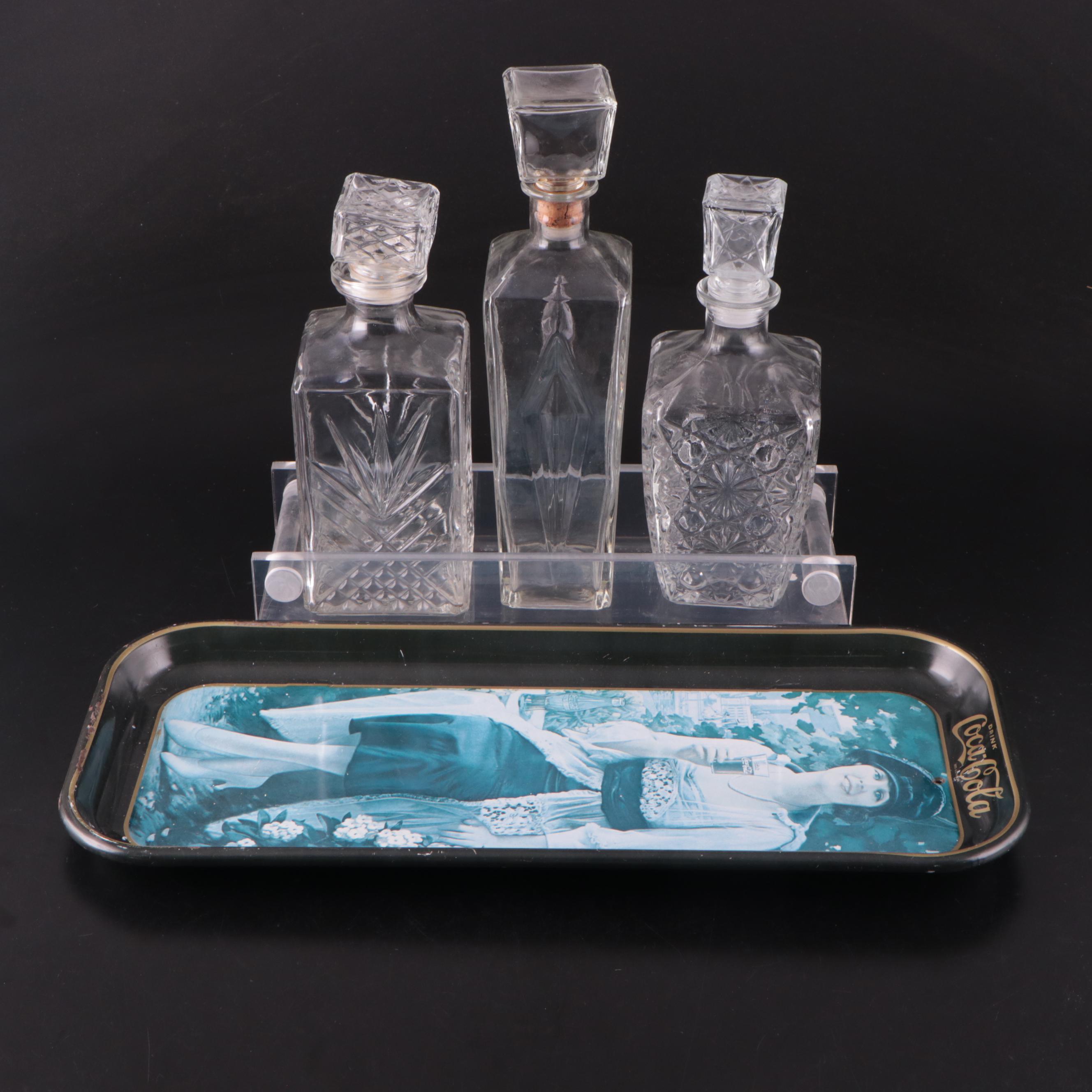 Glass Decanters with Acrylic and Metal Serving Trays