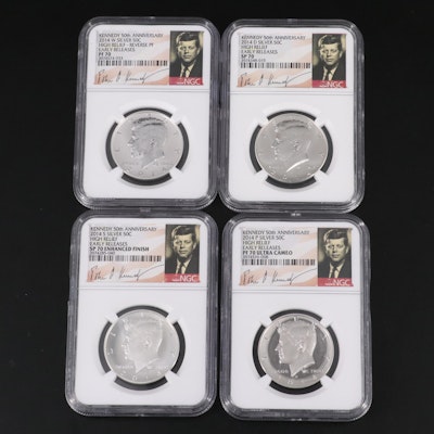 Four NGC Graded 2014 High Relief Kennedy Silver Half Dollars