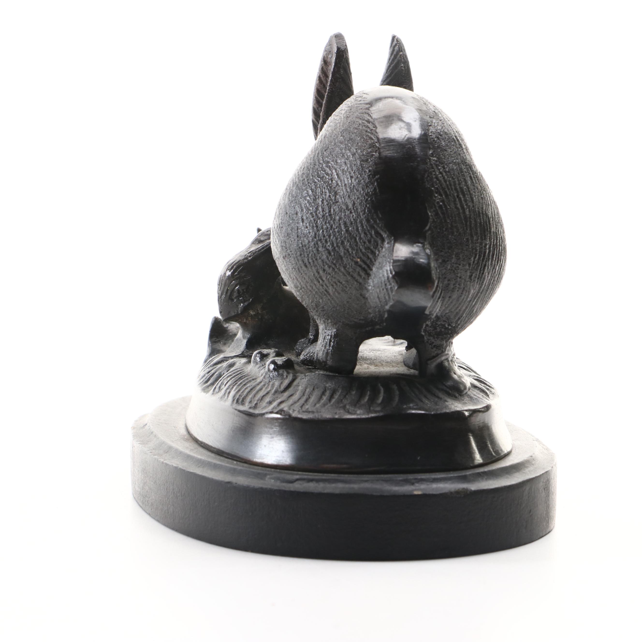 Metal Rabbit Figurine with Ebonized Wood Base
