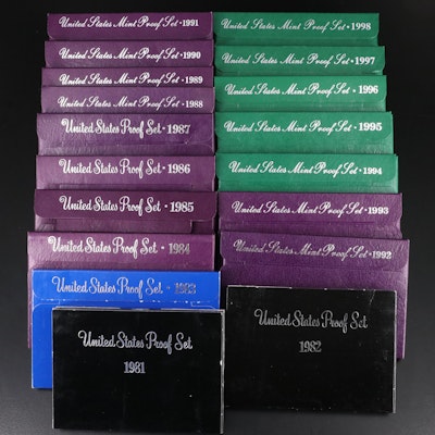Eighteen Different U.S. Mint Proof Sets, 1981 to 1998 Complete