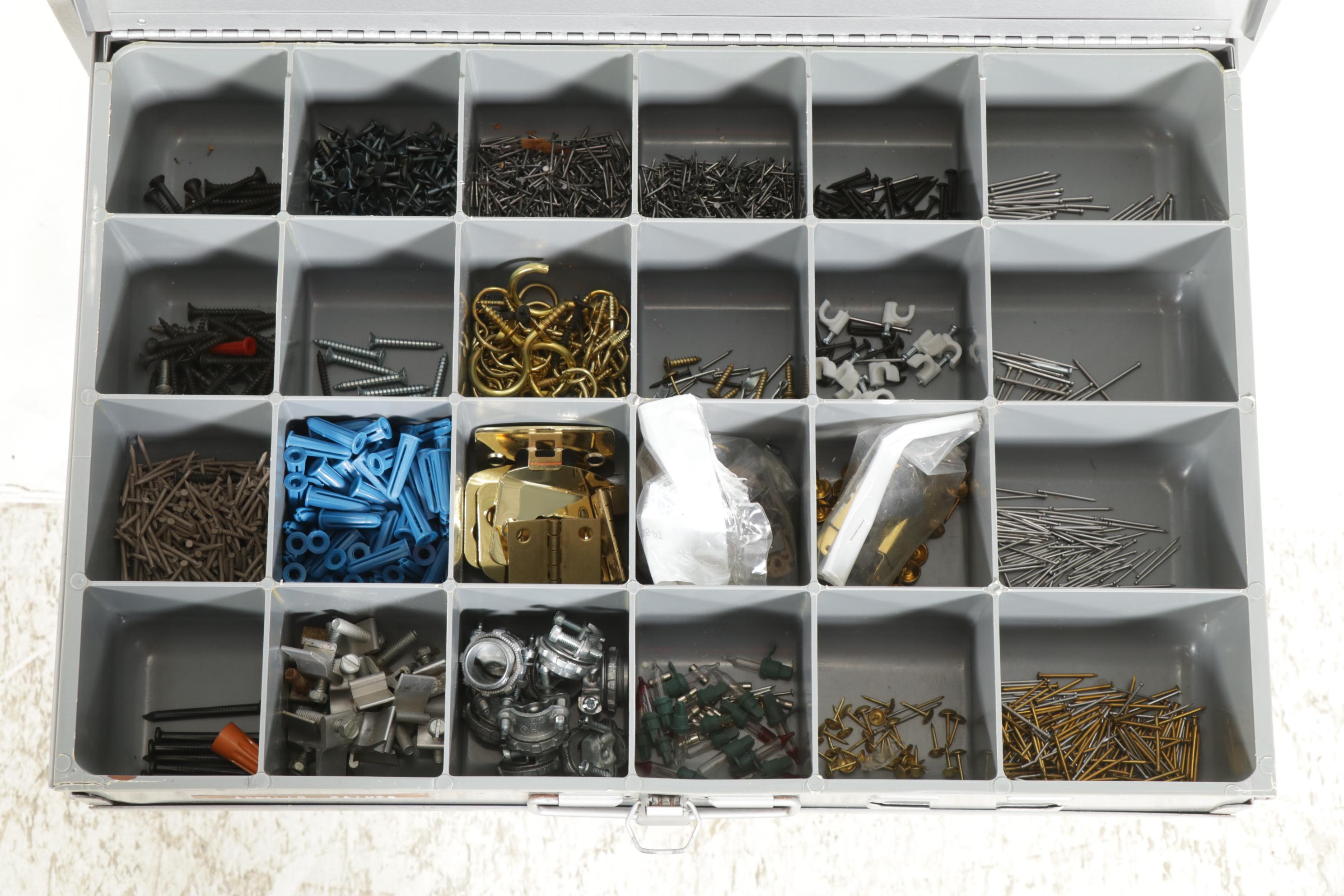 Metal Four-Box Small Parts Cabinet with Assorted Hardware