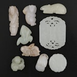 Chinese Carved Nephrite, Serpentine and Moonstone Figurines and Medallions