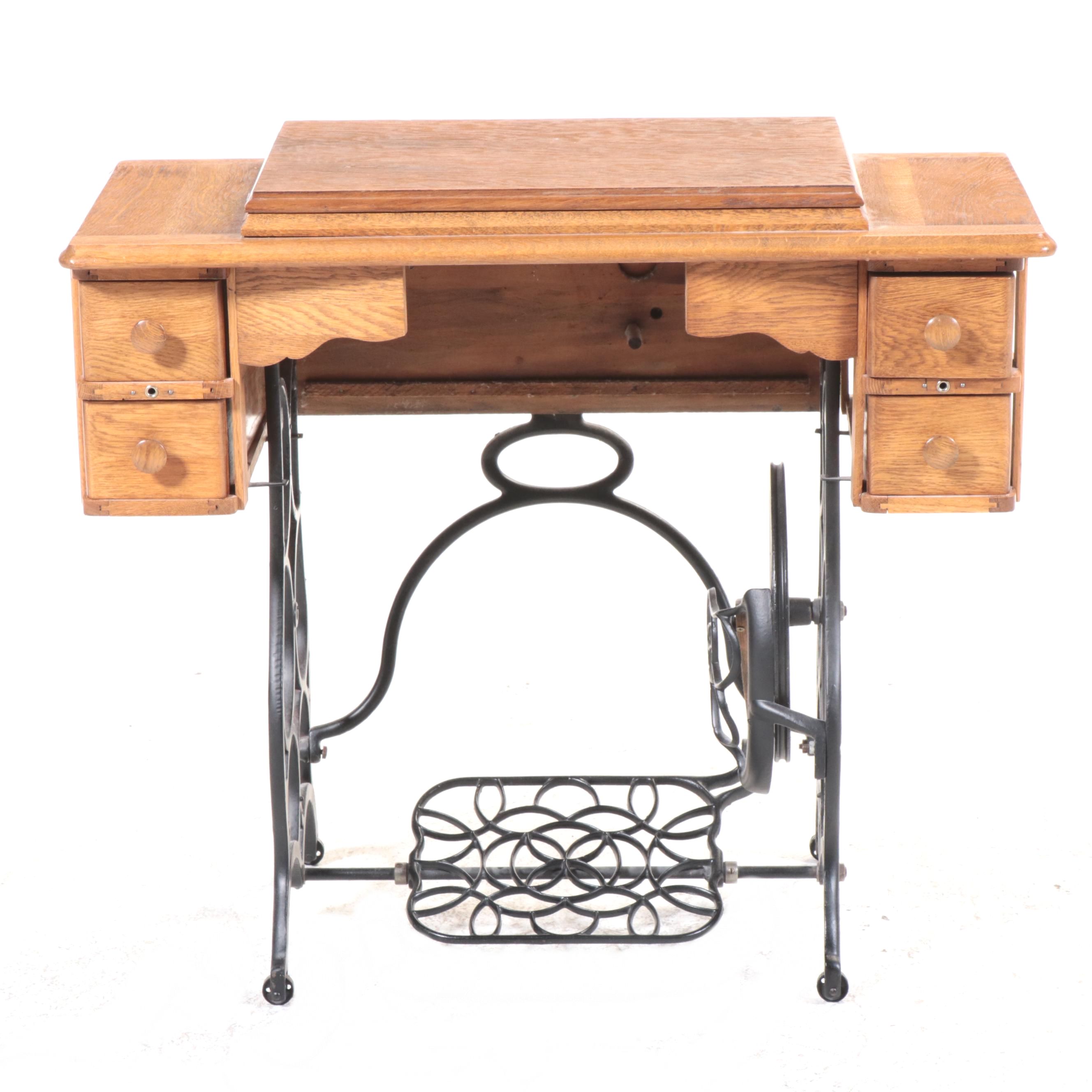 Oak and Iron Treadle Base Sewing Machine Cabinet, Early 20th Century
