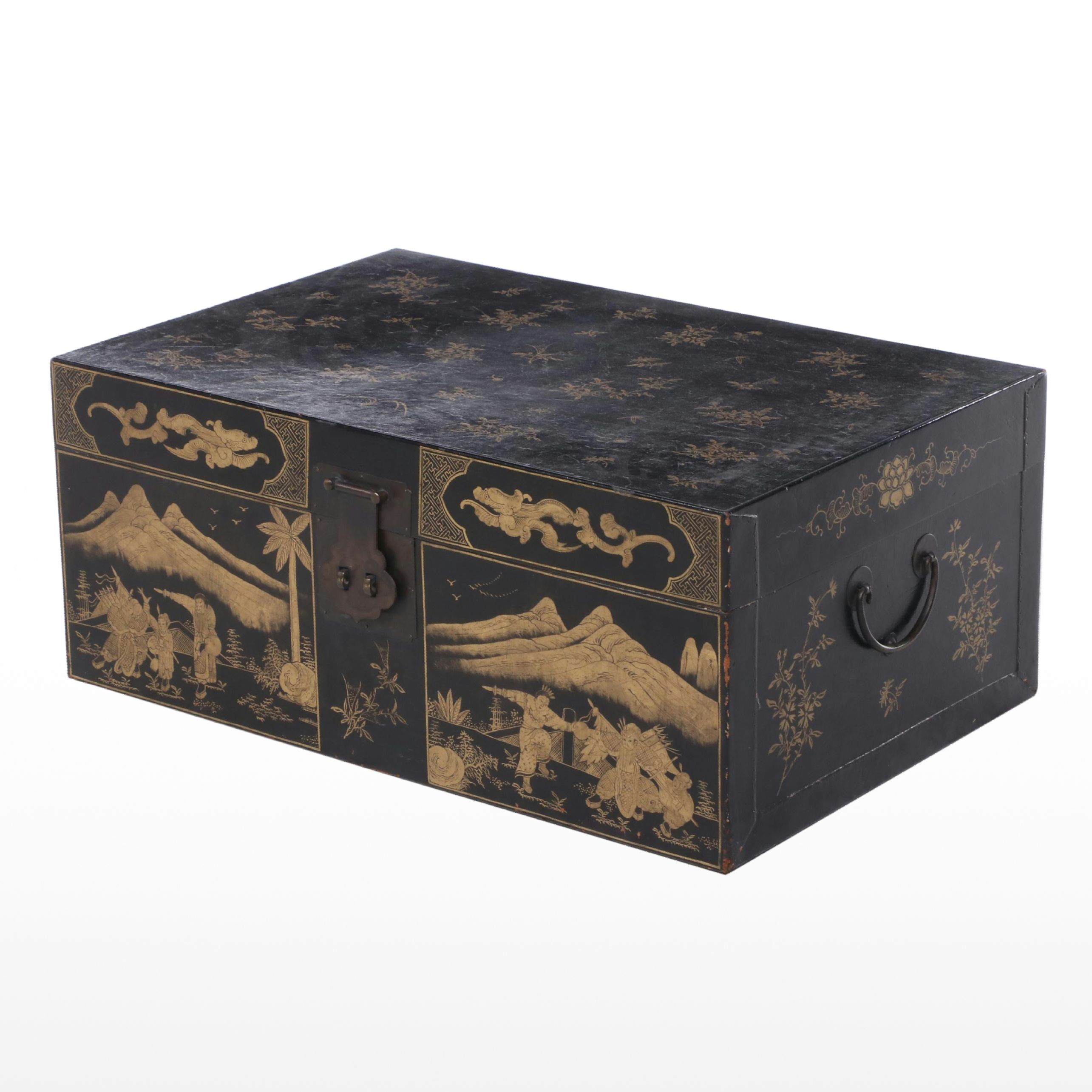 Chinese Black-Painted and Gilt-Decorated Leather Trunk