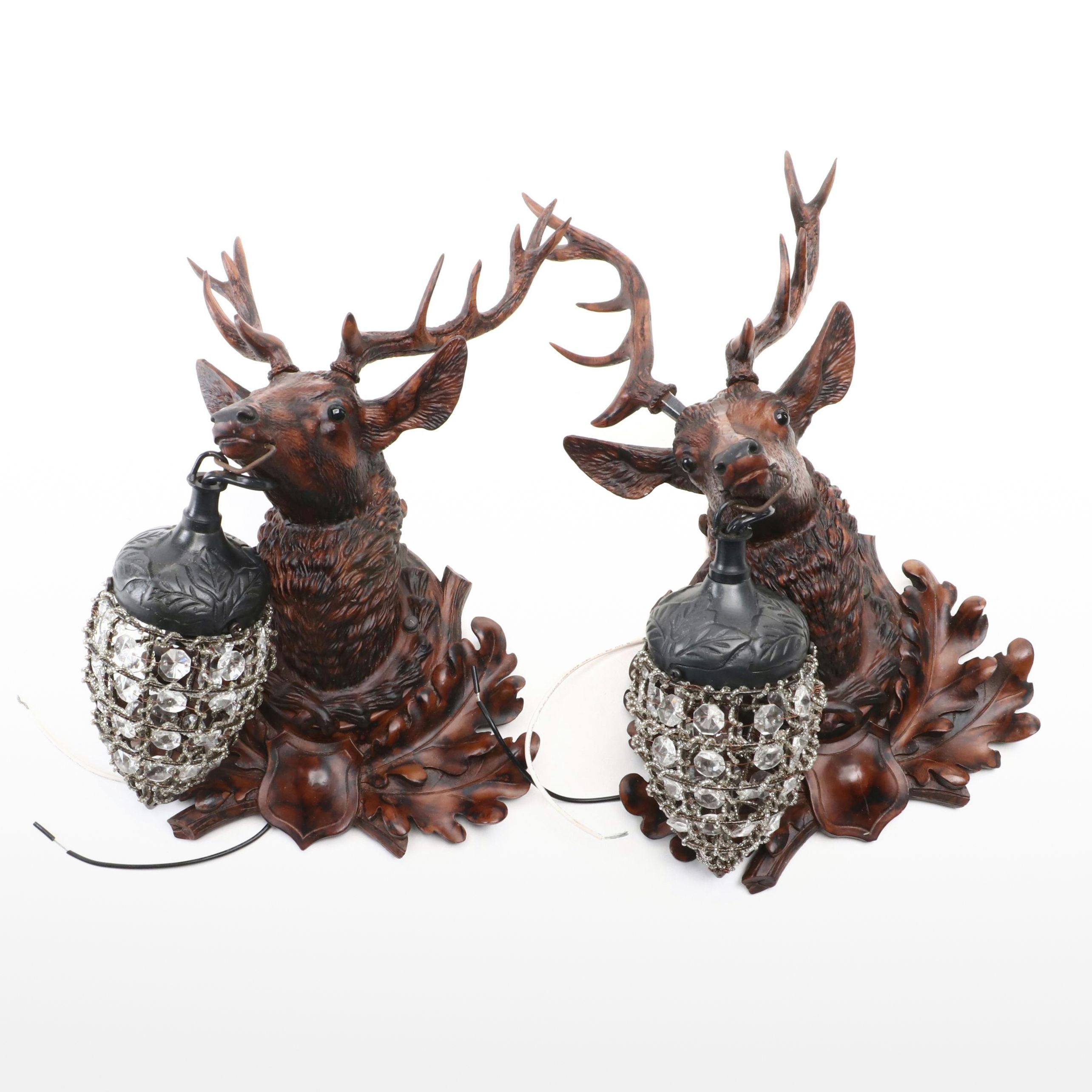 Pair of Cast Resin Stag Head and Acorn Crystal Hanging Wall Lights