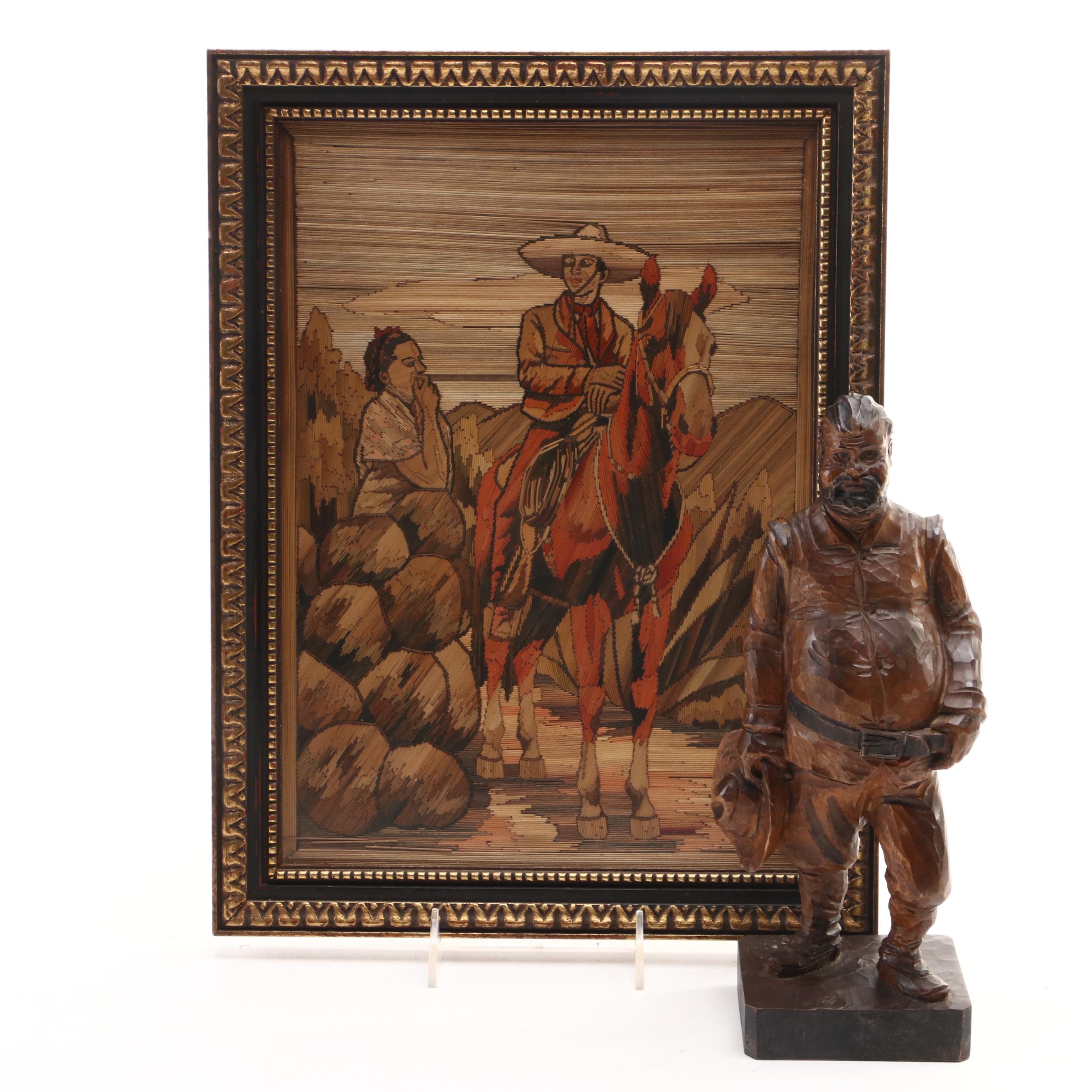 Mexican Folk Art Popotillo Straw Painting and Spanish Carved Sancho Panza Figure