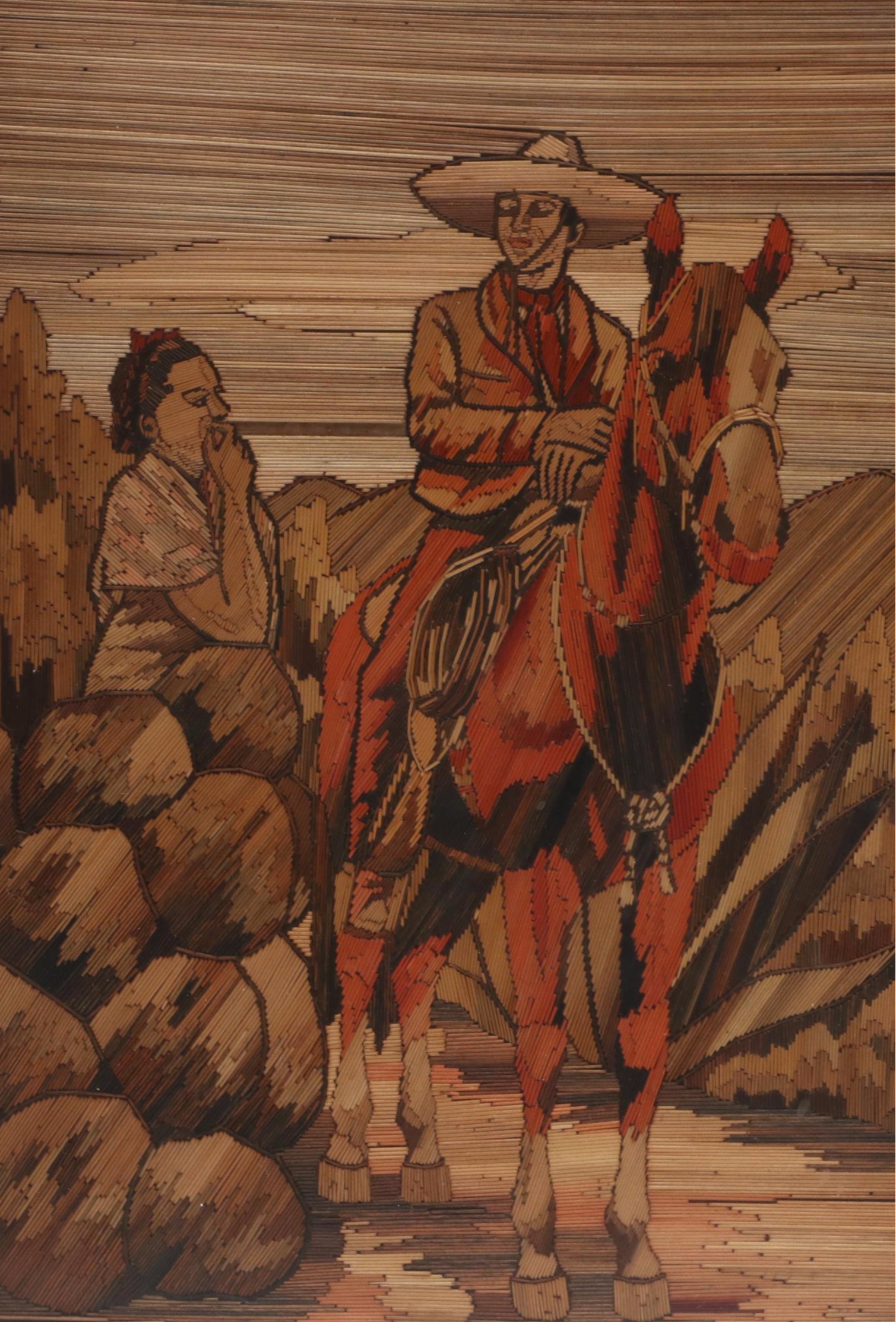 Mexican Folk Art Popotillo Straw Painting and Spanish Carved Sancho Panza Figure