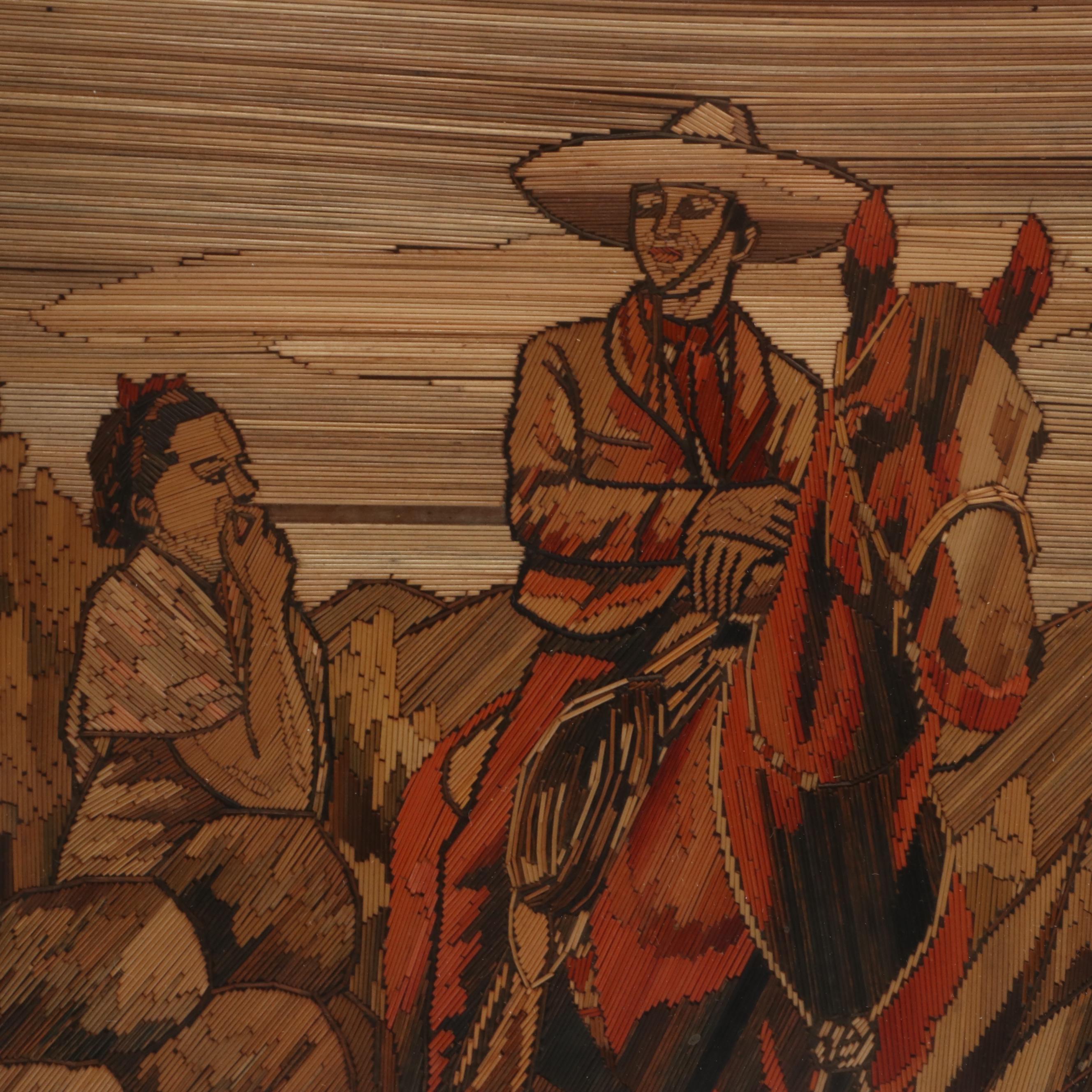 Mexican Folk Art Popotillo Straw Painting and Spanish Carved Sancho Panza Figure