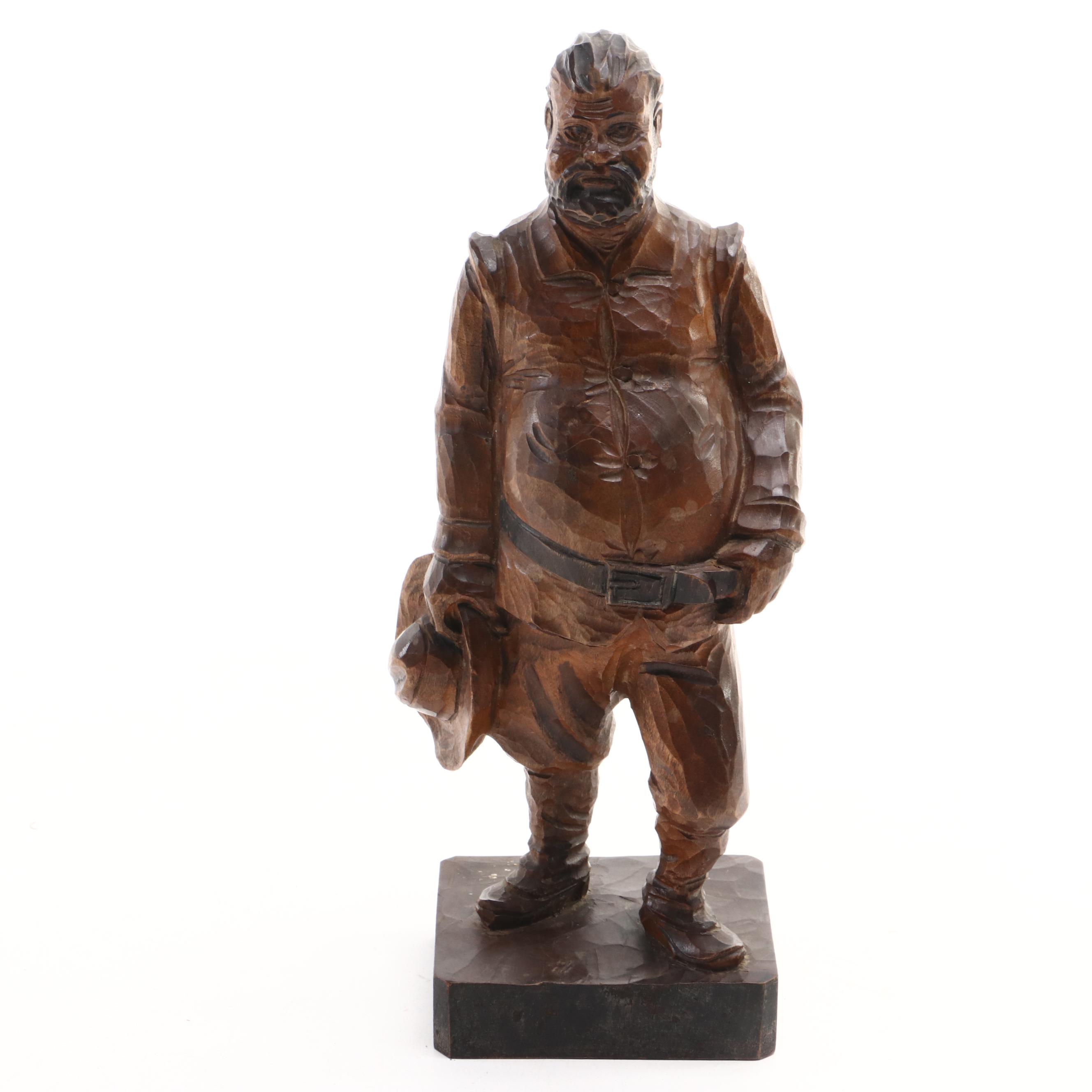 Mexican Folk Art Popotillo Straw Painting and Spanish Carved Sancho Panza Figure