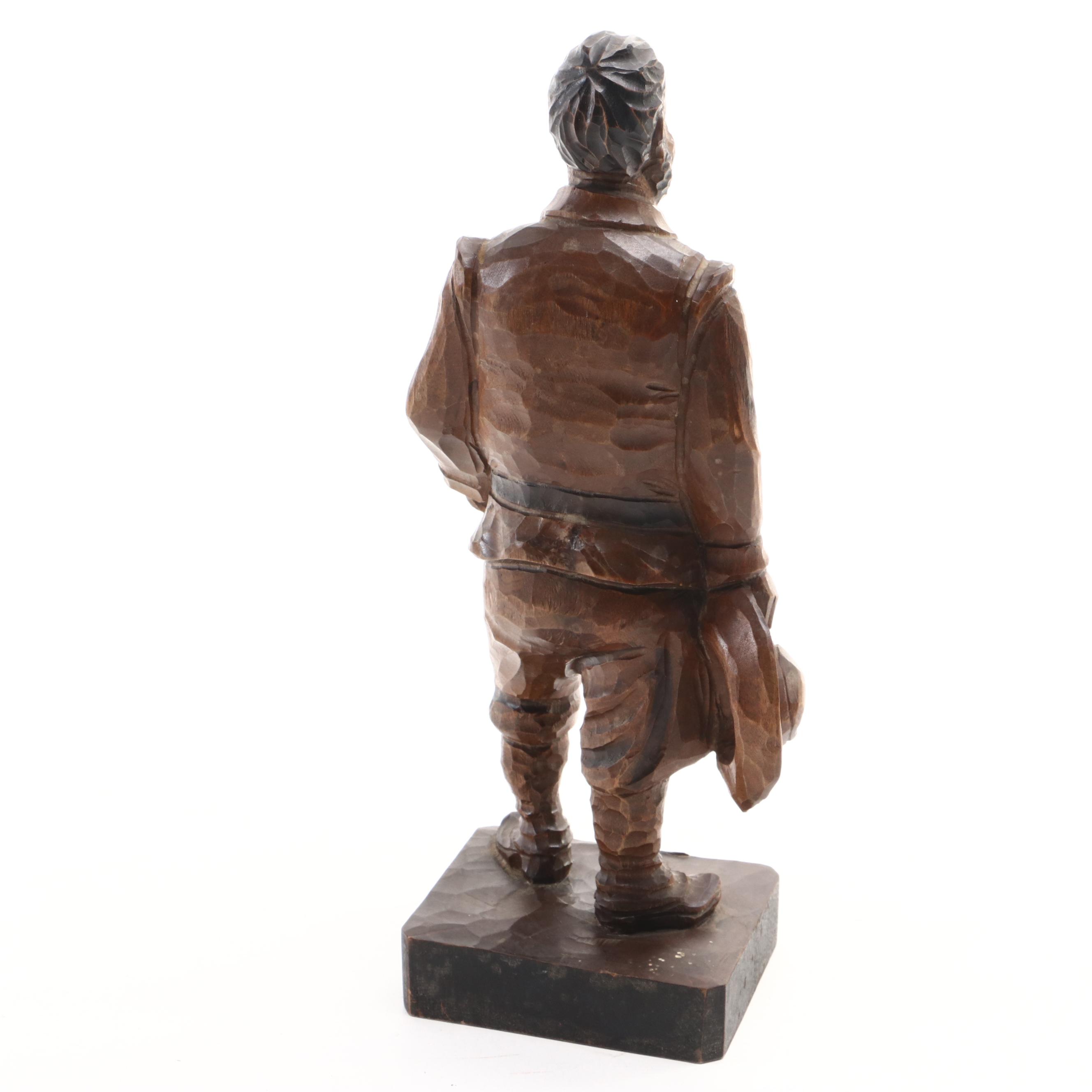 Mexican Folk Art Popotillo Straw Painting and Spanish Carved Sancho Panza Figure