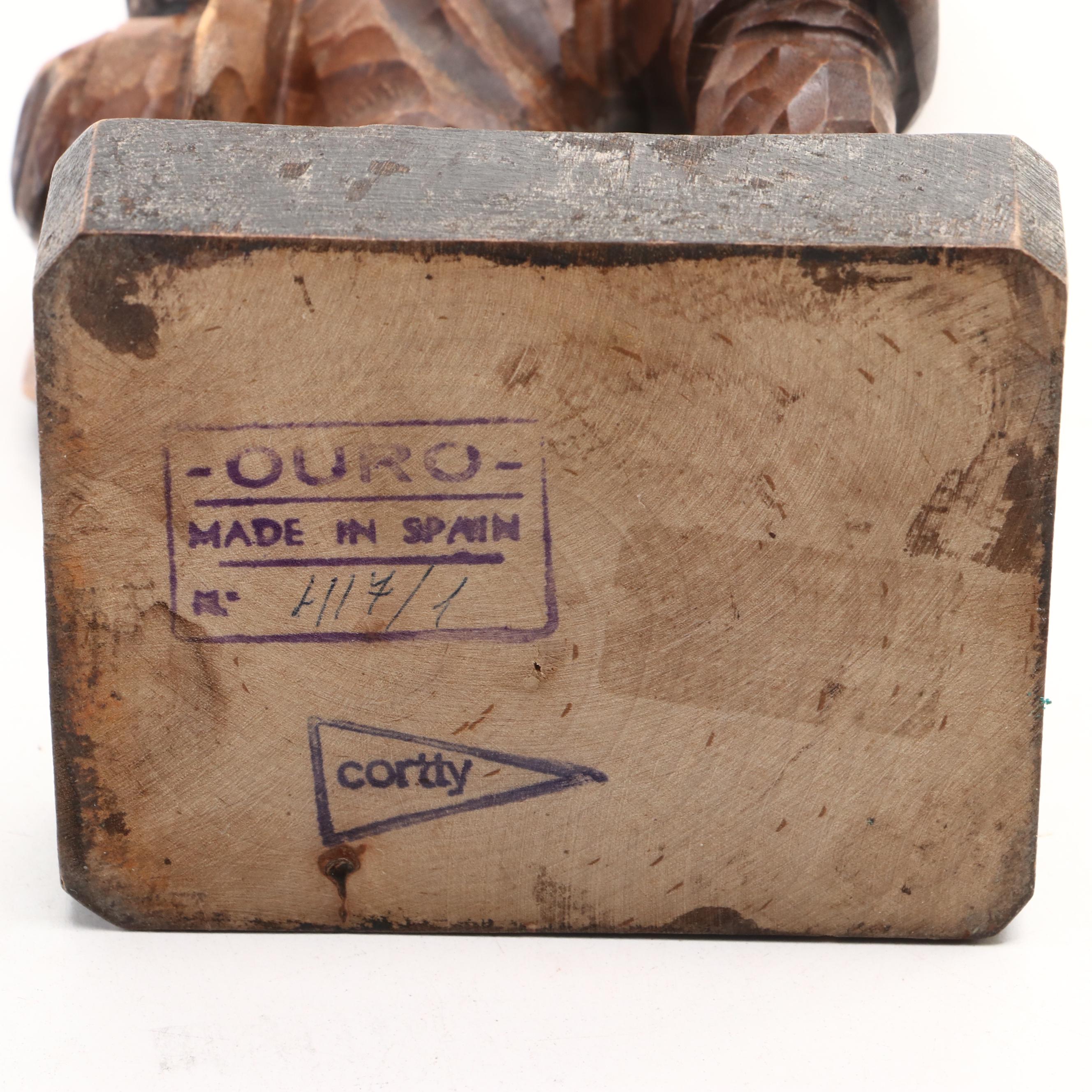 Mexican Folk Art Popotillo Straw Painting and Spanish Carved Sancho Panza Figure