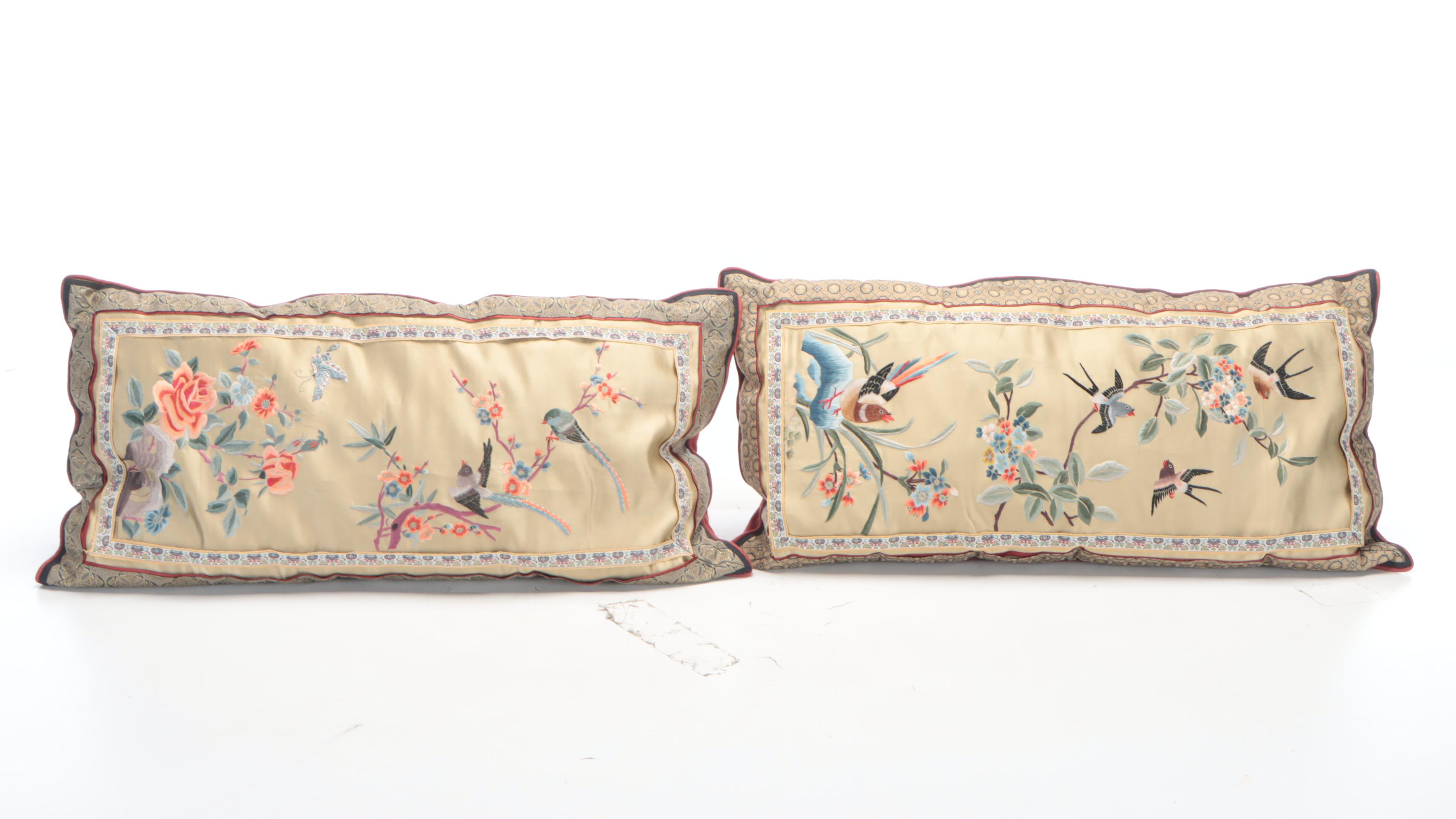 Chinese Bird and Floral Embroidered Silk Accent Pillows