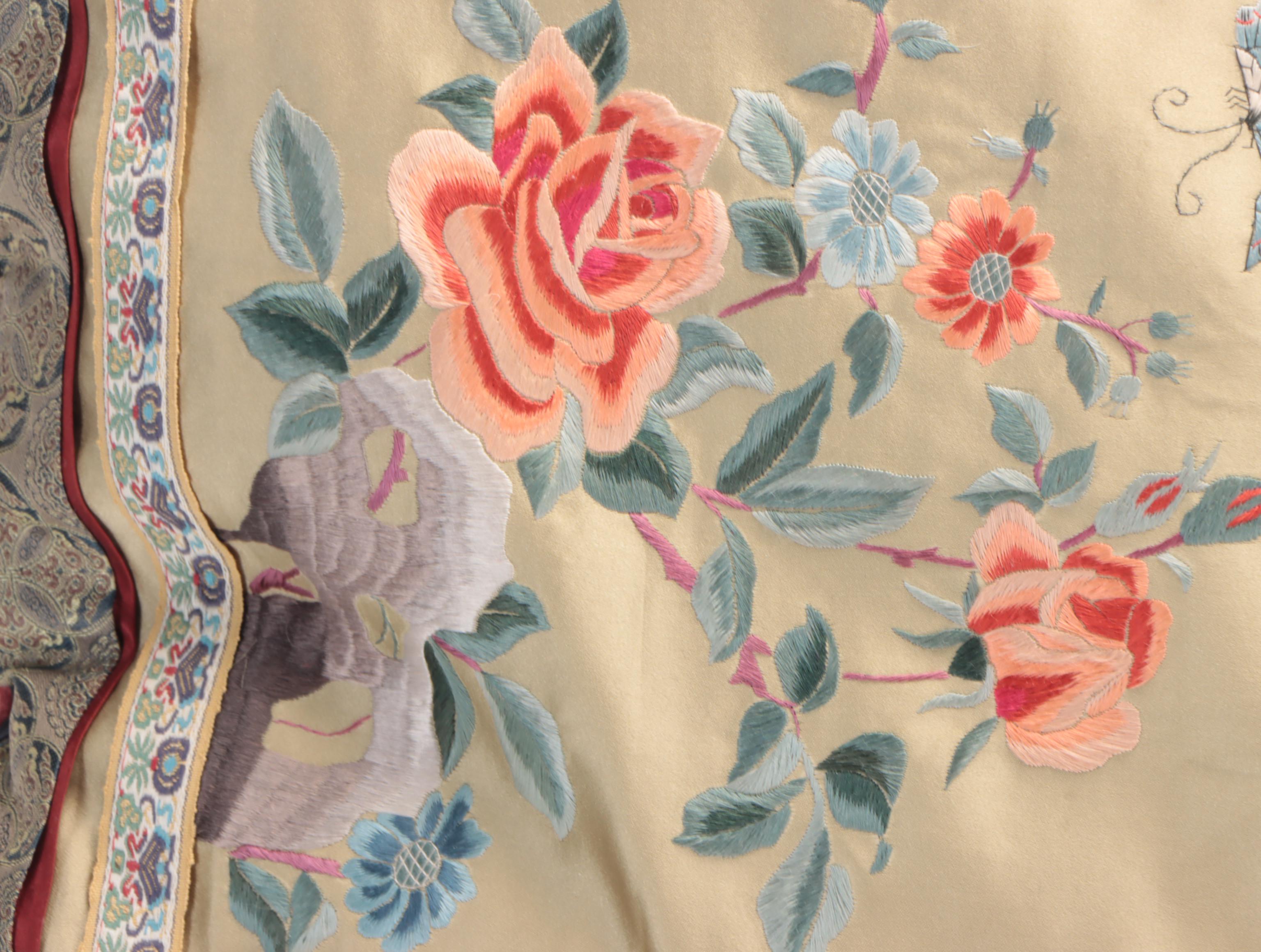 Chinese Bird and Floral Embroidered Silk Accent Pillows