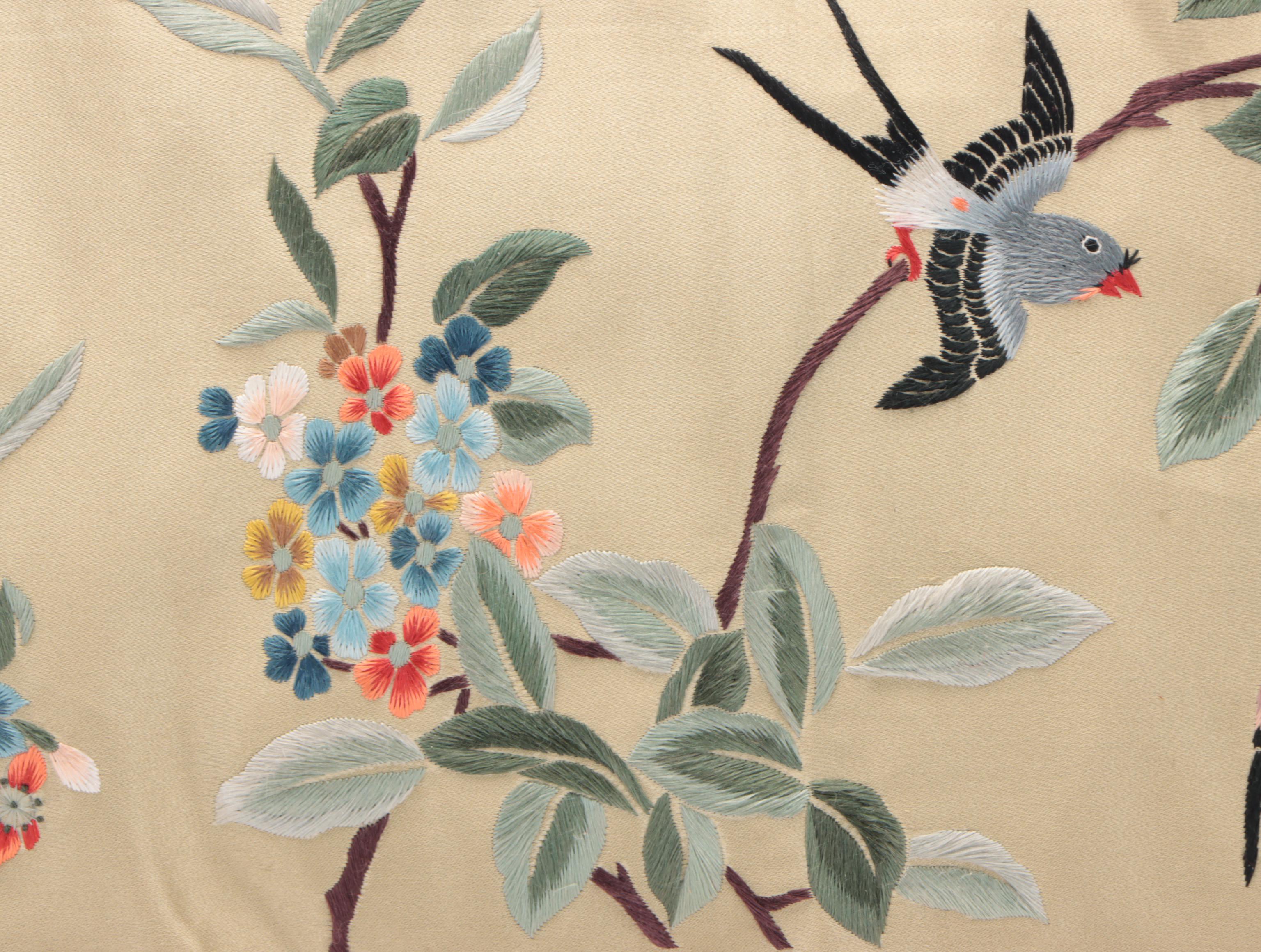 Chinese Bird and Floral Embroidered Silk Accent Pillows