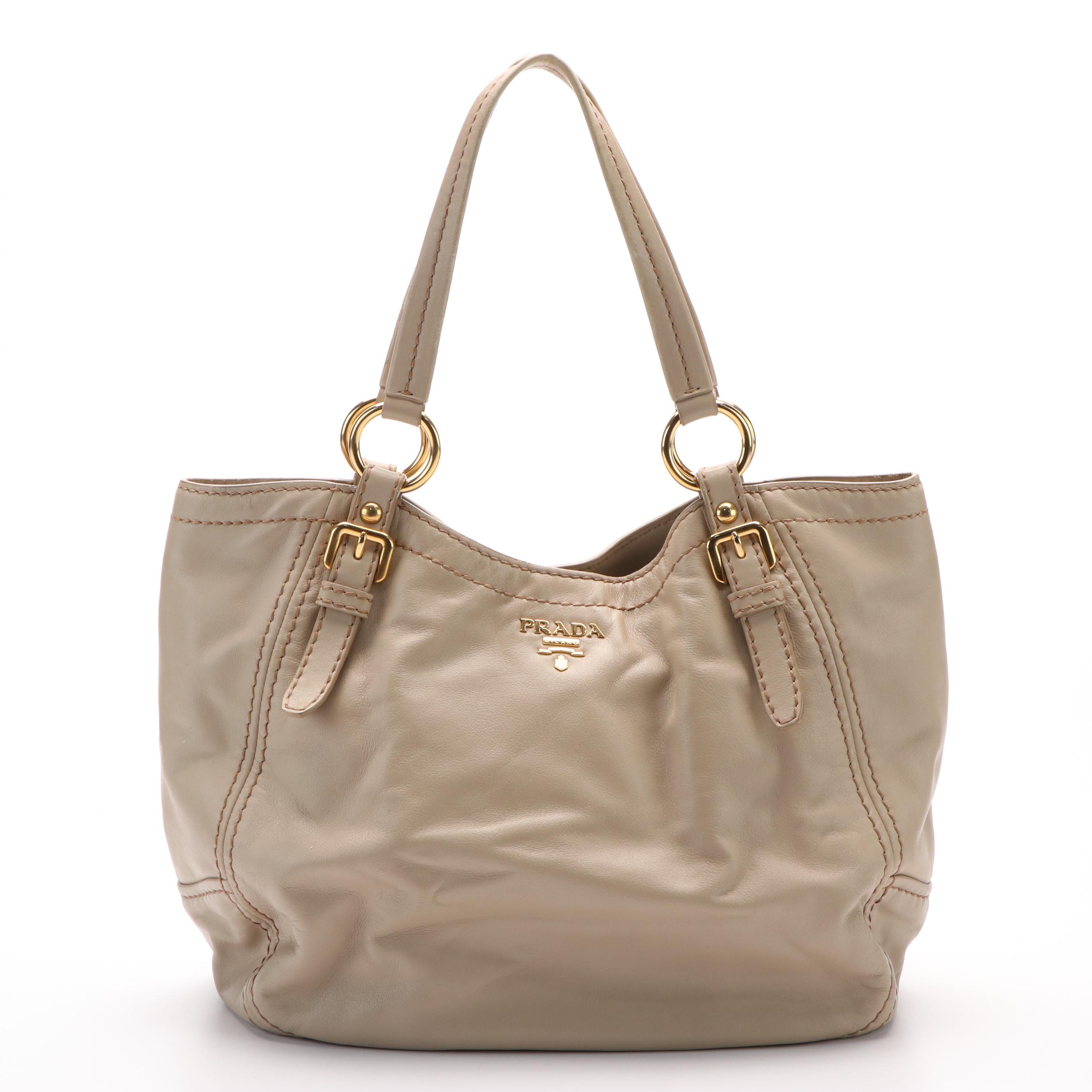 Prada Buckle Natural Beige Leather Hobo Bag