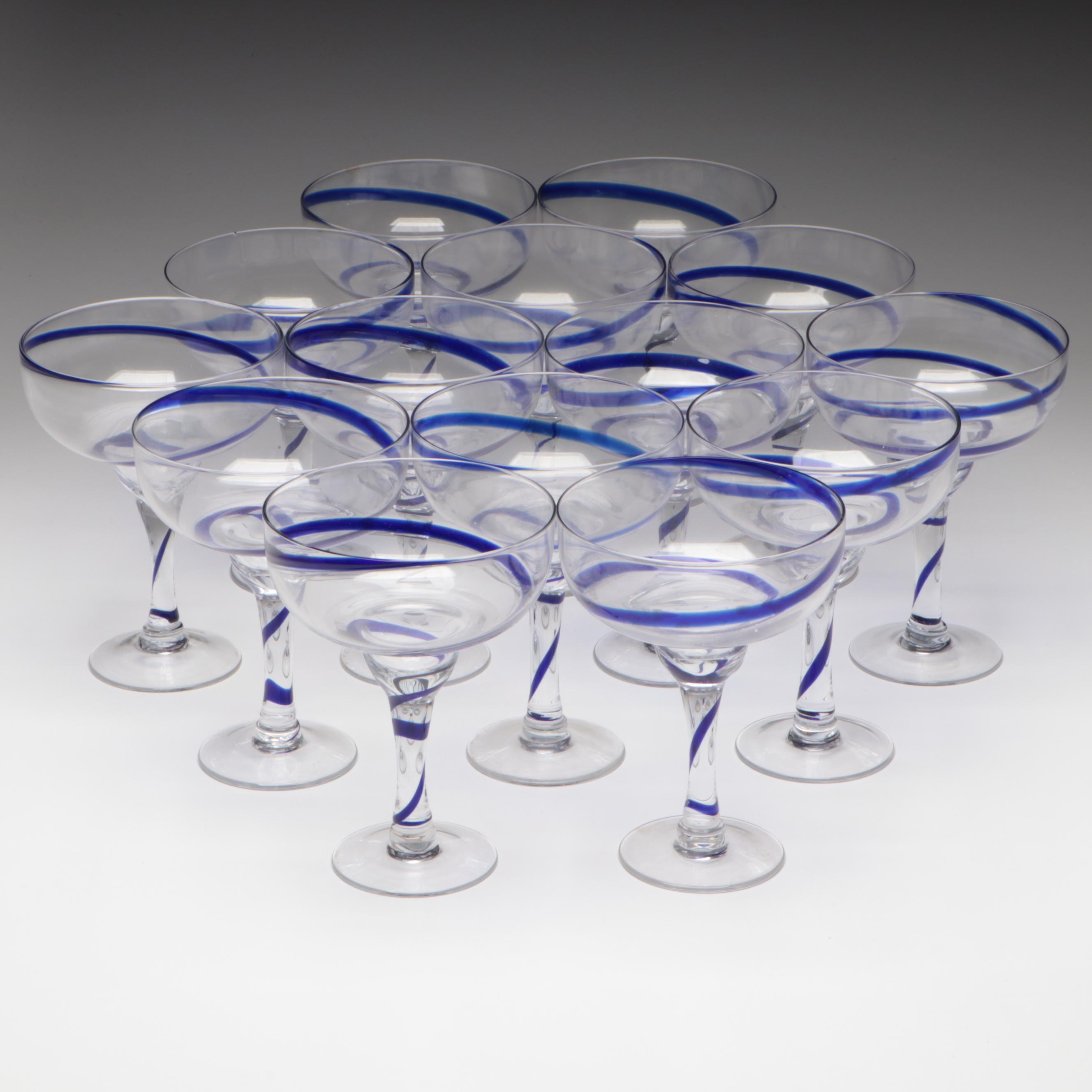 Handmade Blue Swirl Blown Glass Margarita Glasses