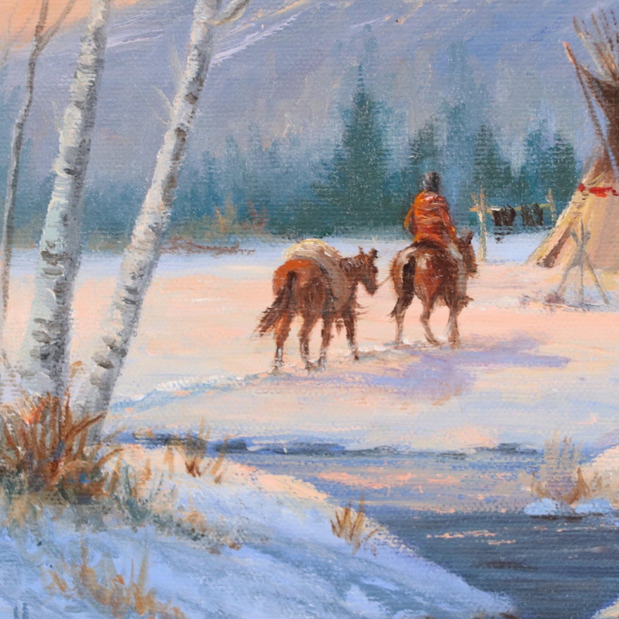Marianne Caroselli Oil Painting of Native American Encampment | EBTH