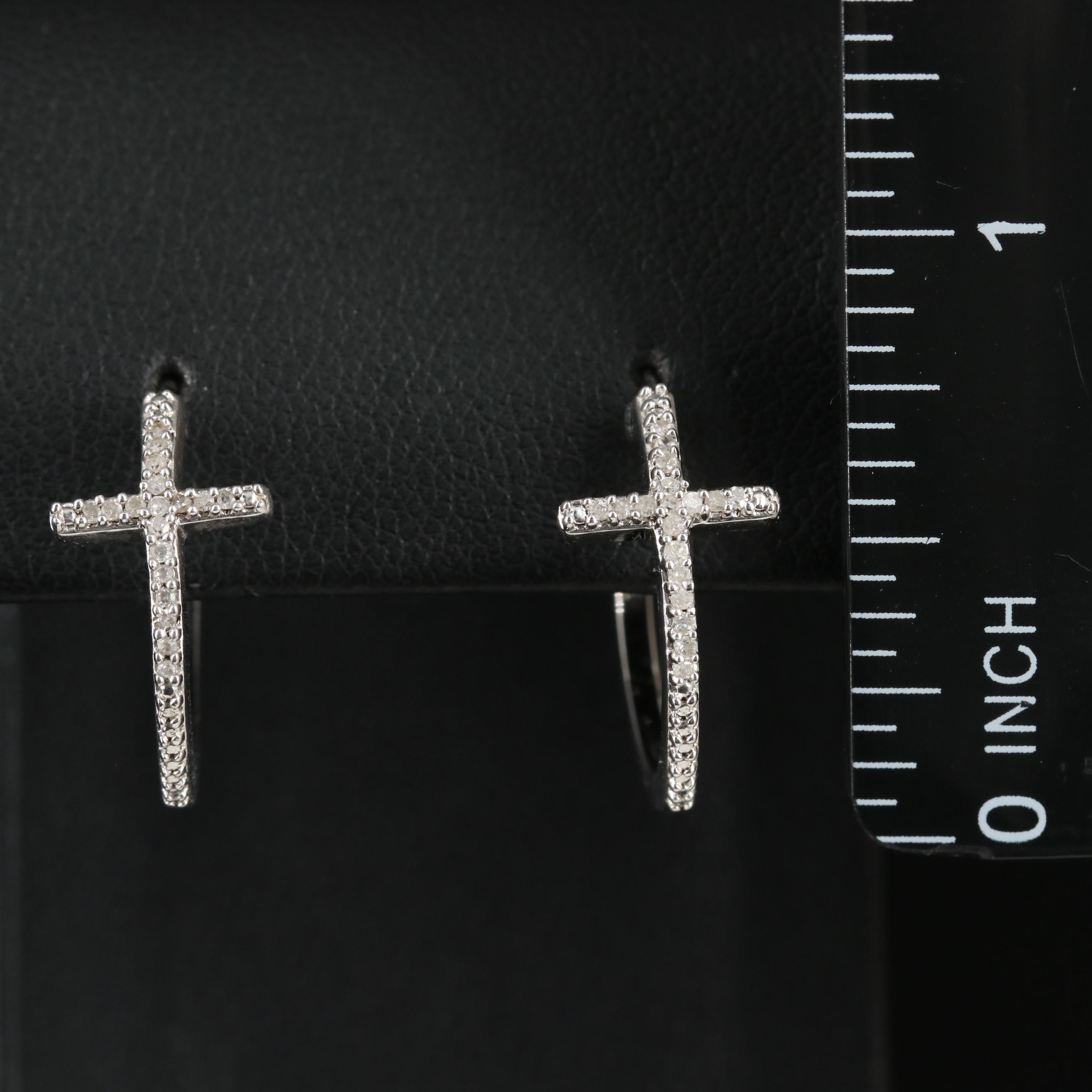 Sterling Diamond Cross Hoop Earrings