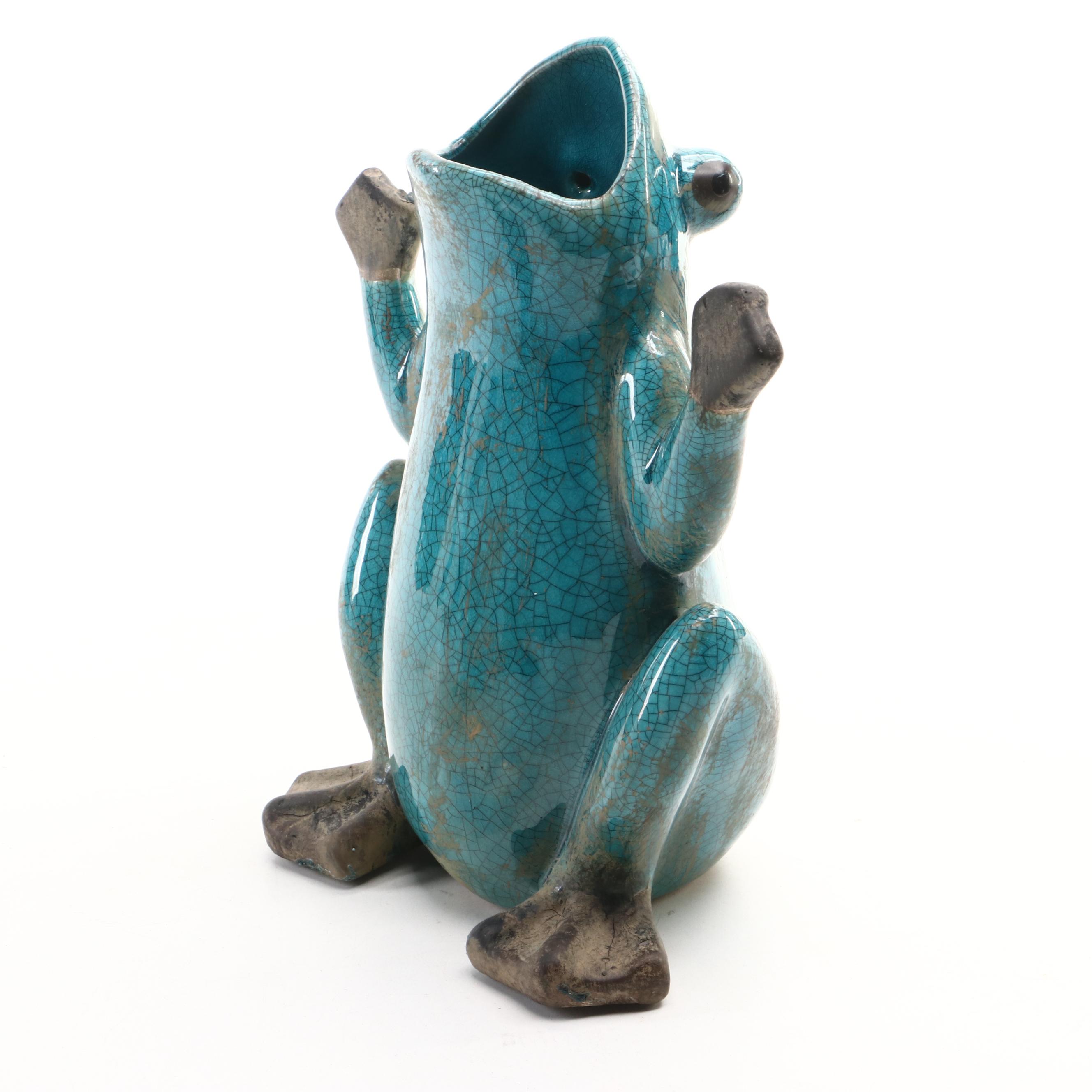 Hobby Lobby Glazed Ceramic Frog Vase with Metal Frog Figurines