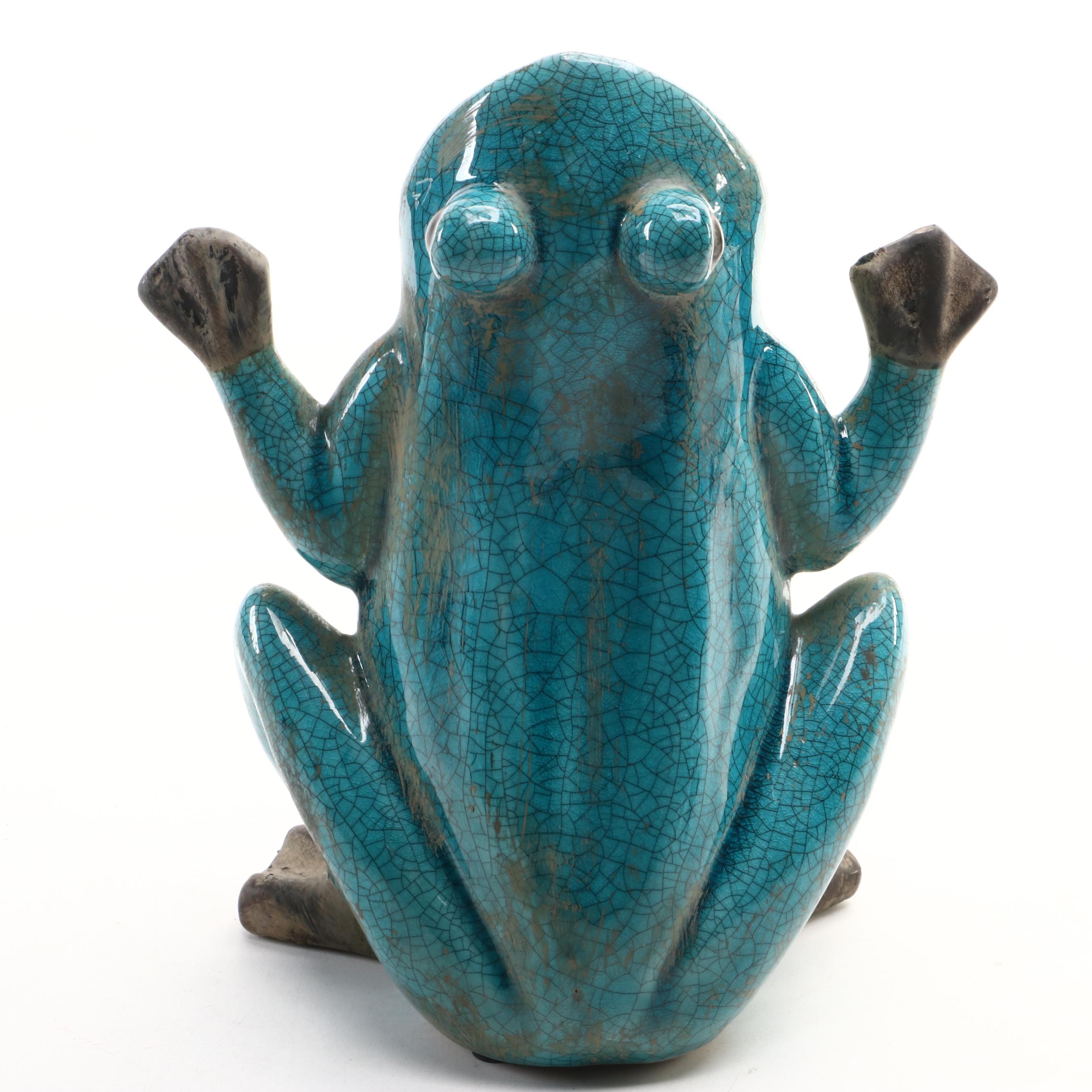Hobby Lobby Glazed Ceramic Frog Vase with Metal Frog Figurines