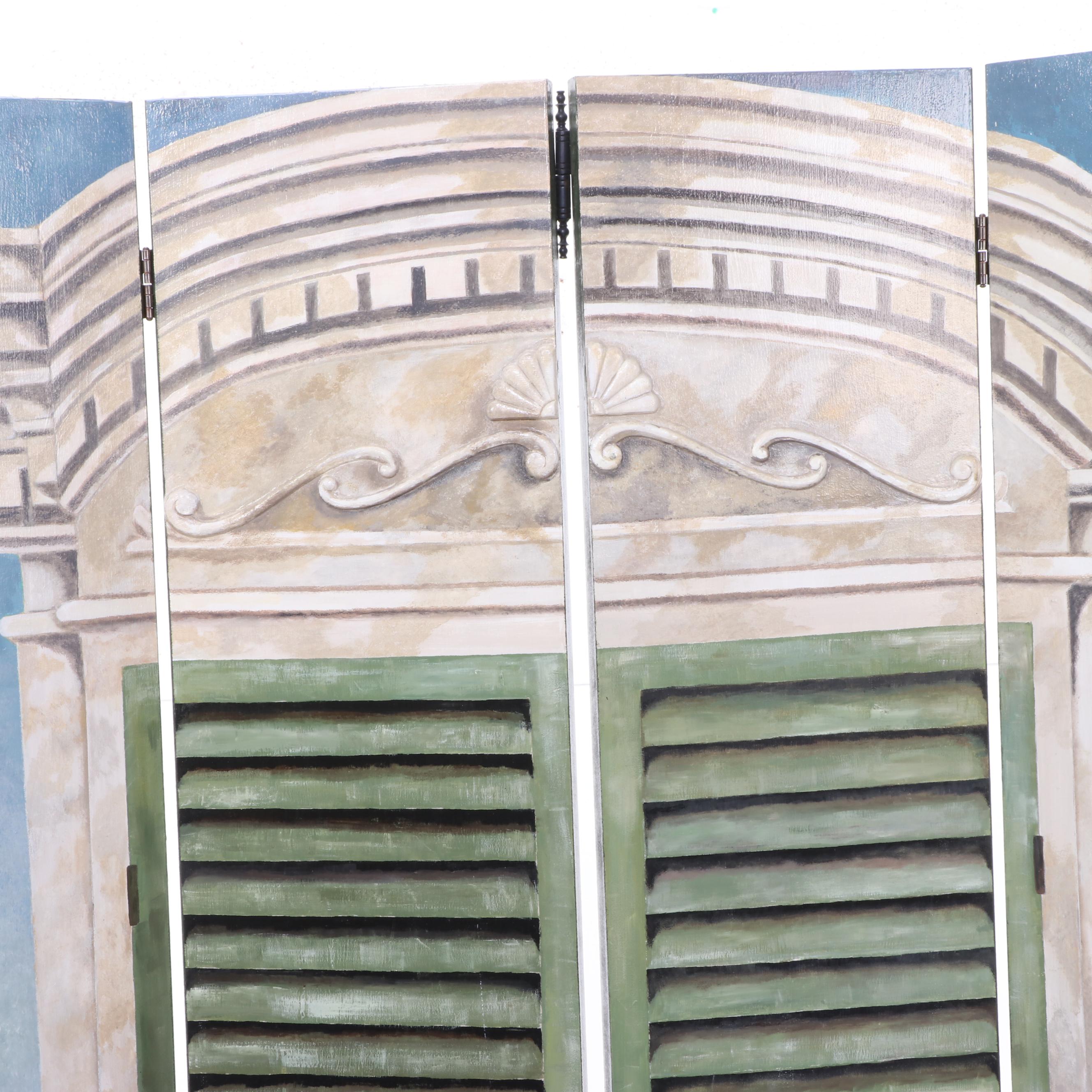 Hand-Painted Four-Panel Wood Screen with Architectural Motif