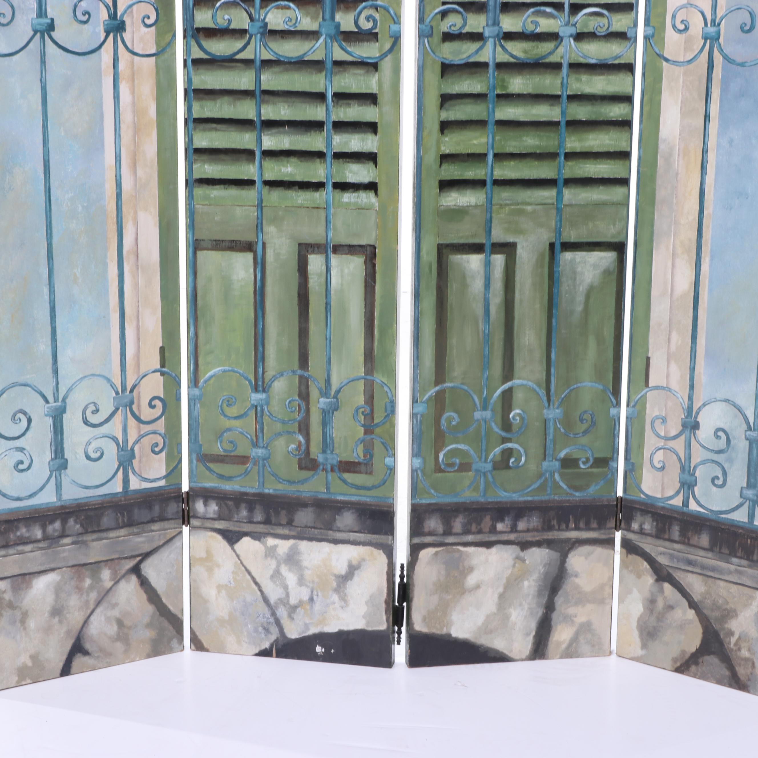 Hand-Painted Four-Panel Wood Screen with Architectural Motif