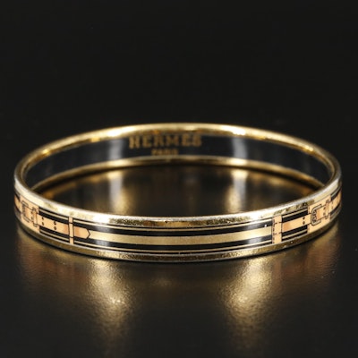 Hermès Gold-Tone Black Enamel Belt Motif Bangle