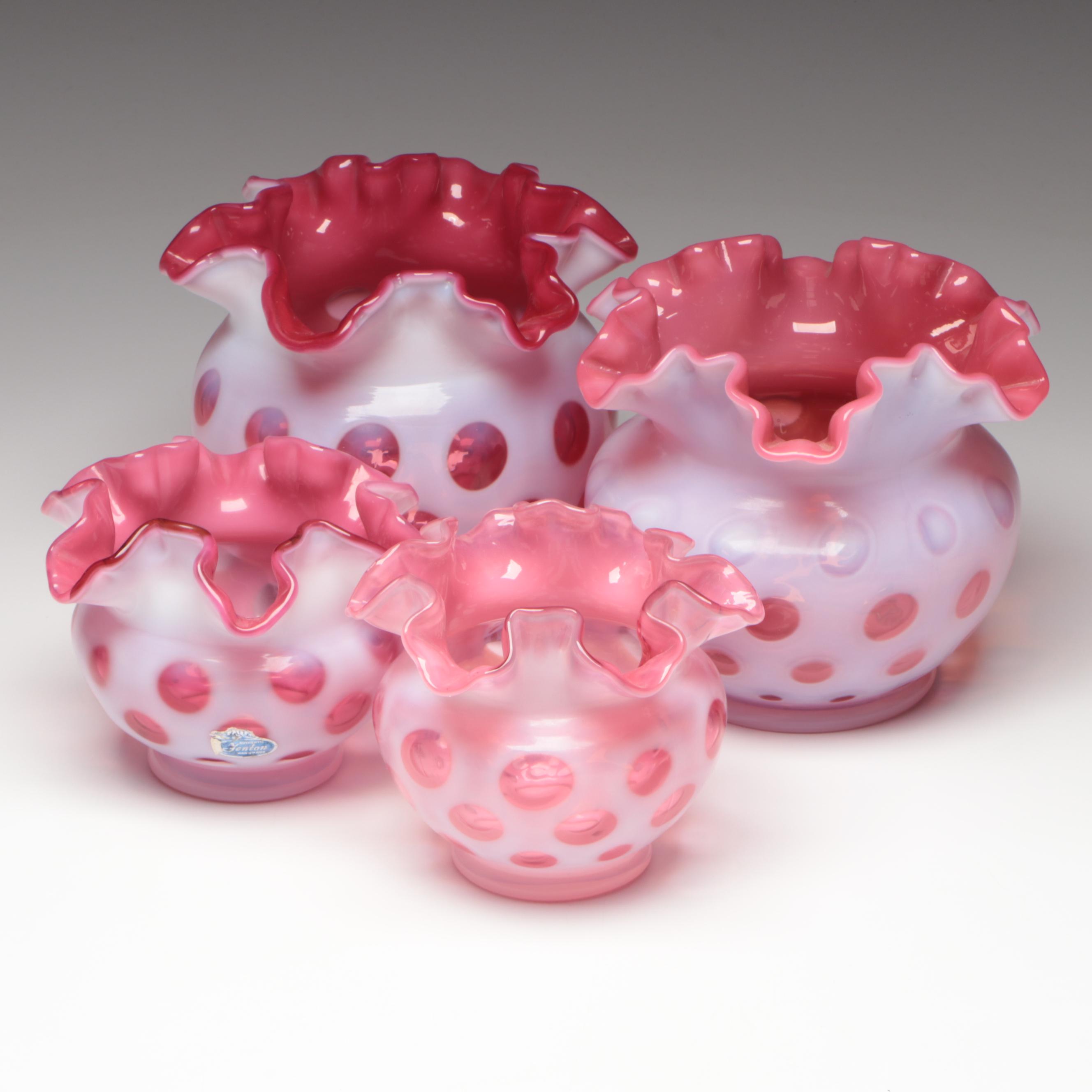 Fenton Cranberry Opalescent Optic Dot Crimped Vases