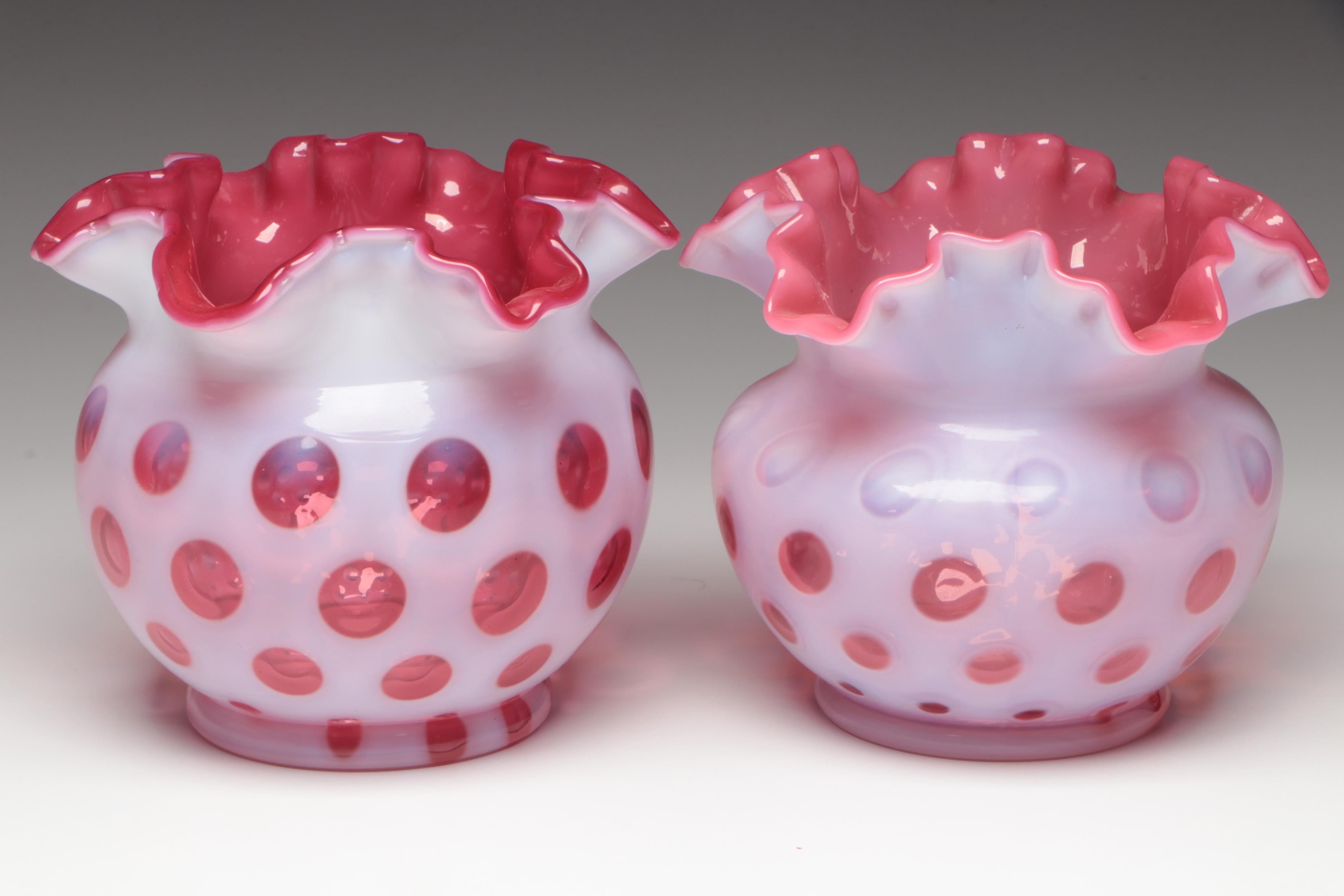 Fenton Cranberry Opalescent Optic Dot Crimped Vases
