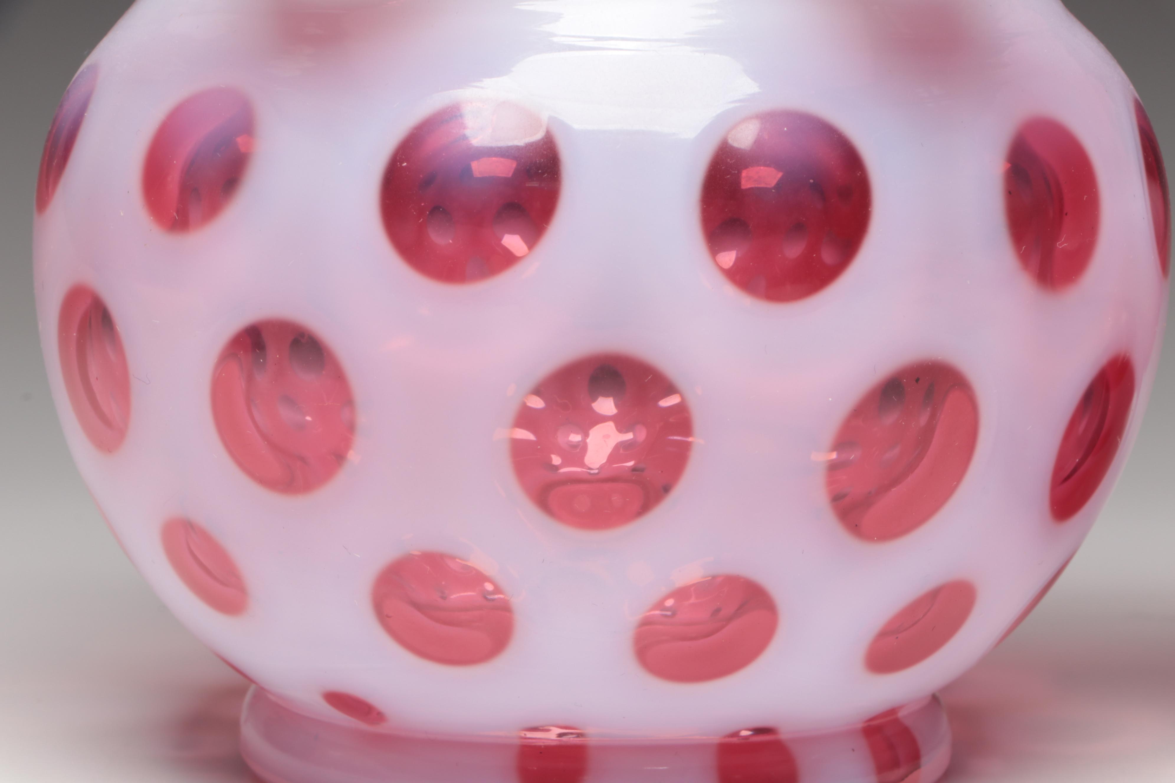 Fenton Cranberry Opalescent Optic Dot Crimped Vases